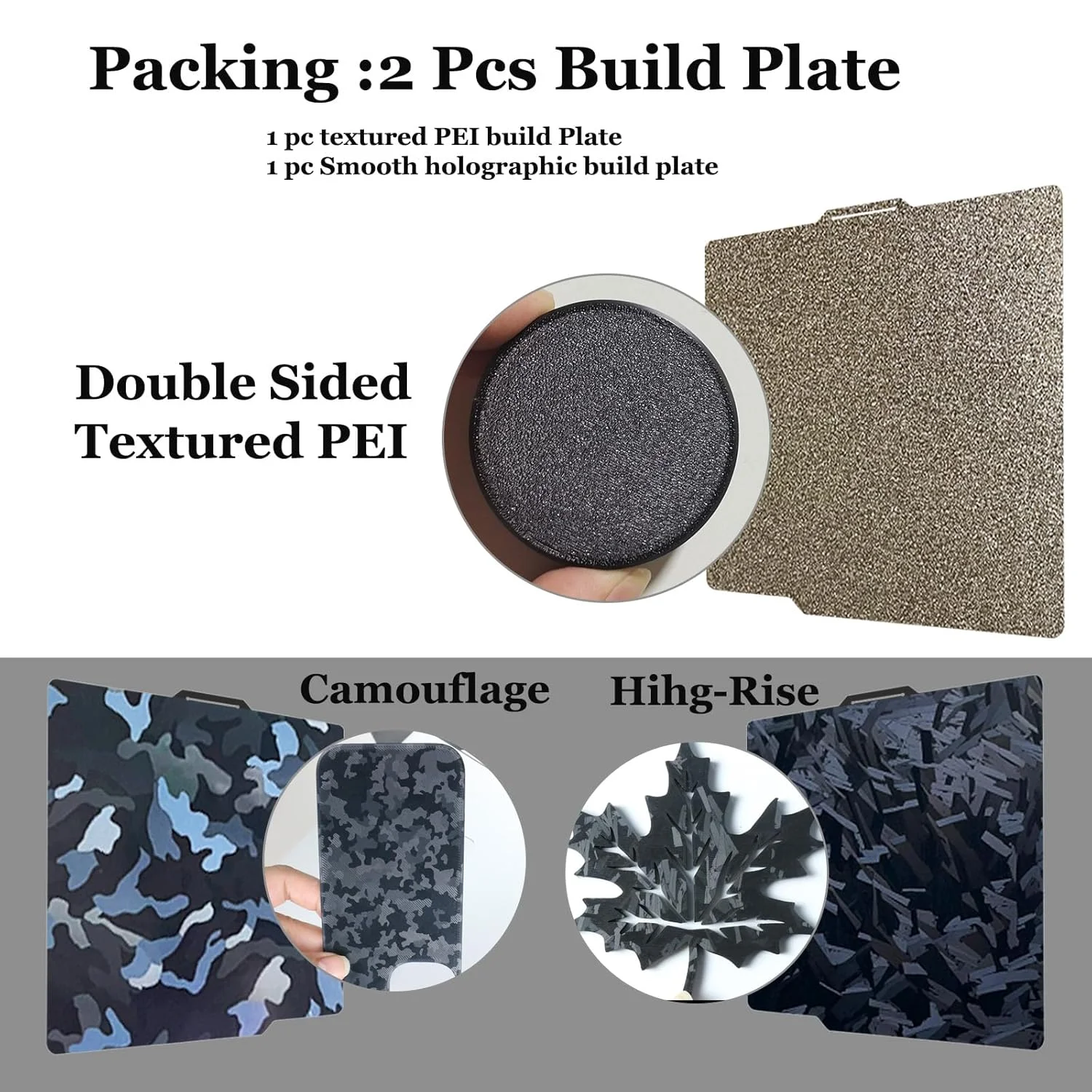 دو عدد صفحه ساخت با سه طرح مختلف، استتار صاف + صفحه ساخت با ارتفاع زیاد و ورق PEI بافت‌دار 257x257 میلی‌متر، پلتفرم چاپگر سه بعدی انعطاف پذیر دو طرفه برای چاپگرهای سه بعدی Bambu Lab A1/X1/X1C/X1E/P1P/P1S