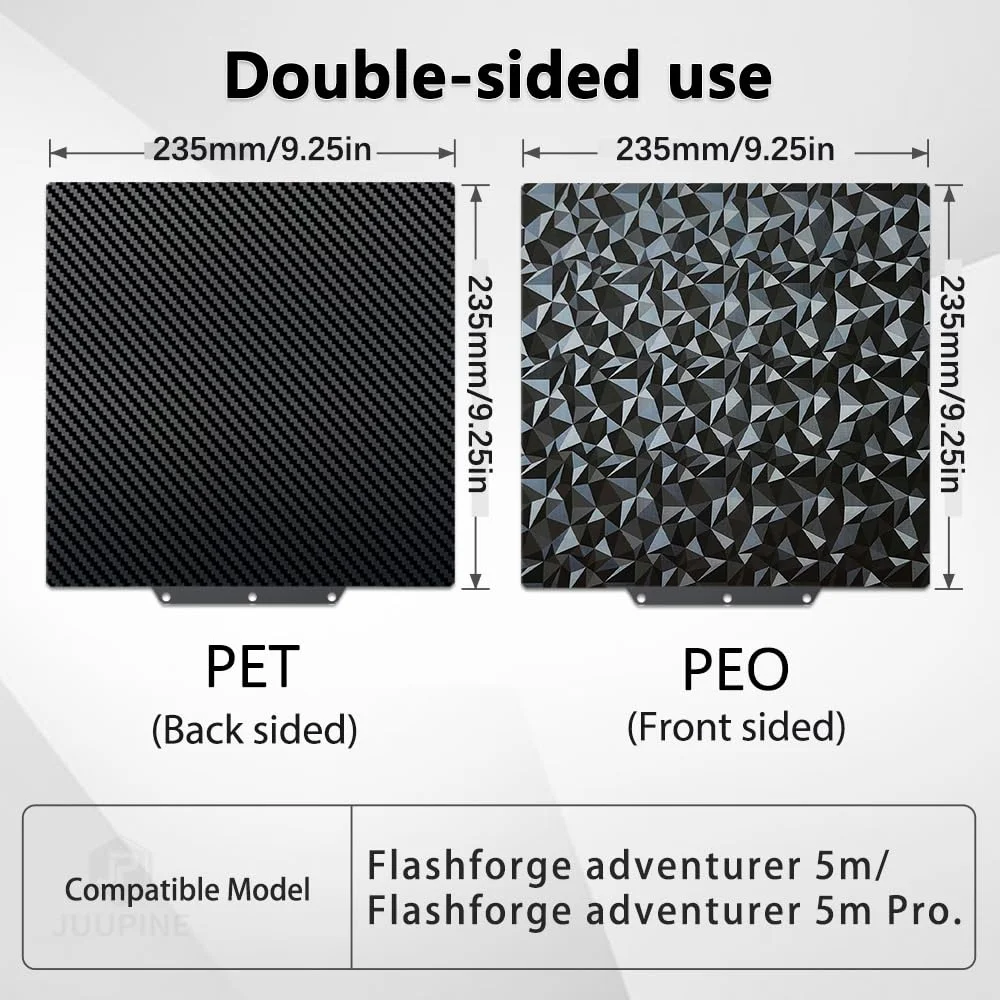 صفحه ساخت PEO PET برای Adventurer 5M/5M Pro/AD5X، صفحه ساخت فولادی فنری انعطاف پذیر دو طرفه با بافت PEO PET، ابعاد 235x235 میلی متر برای پرینترهای سه بعدی Flashforge Adventurer 5M