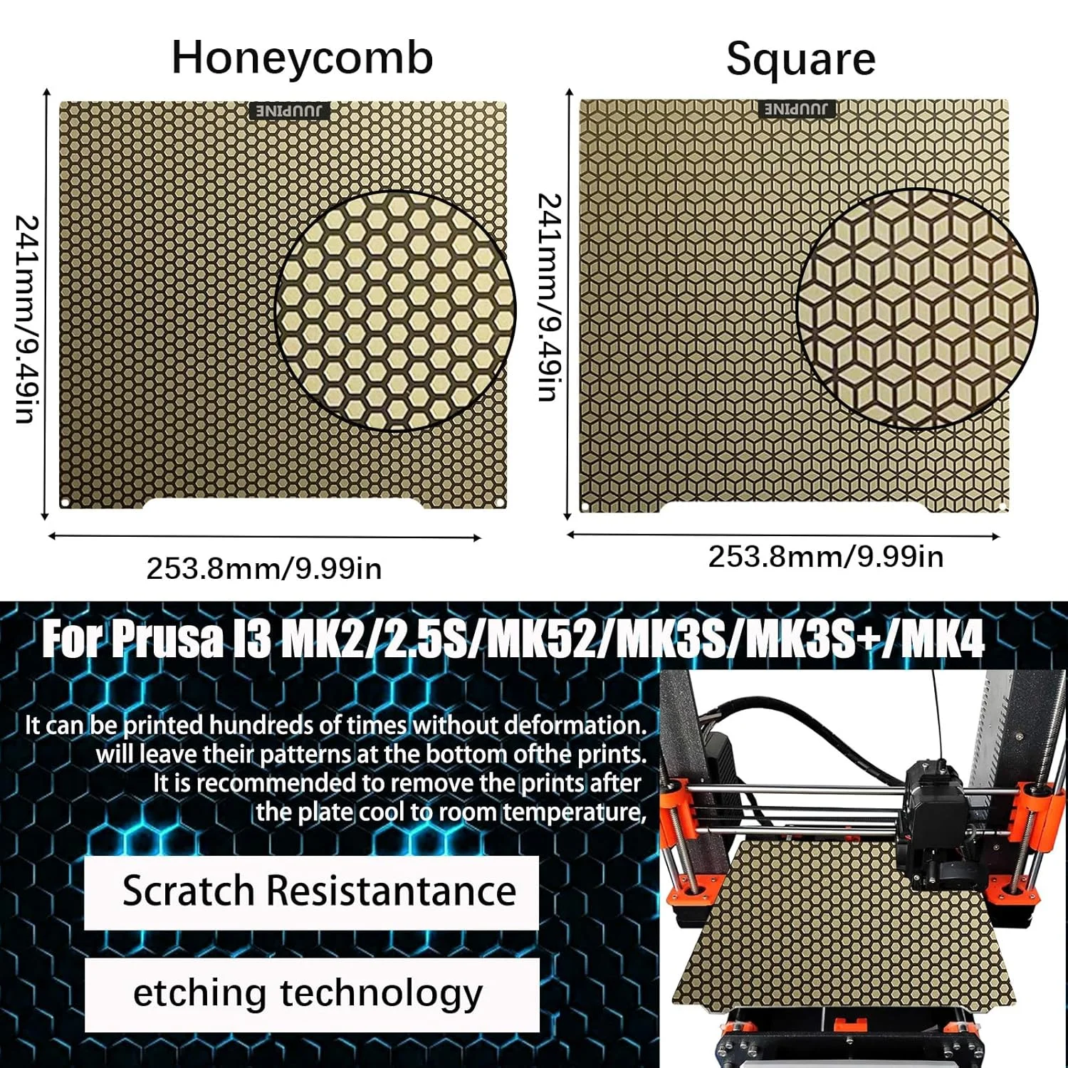 صفحه ساخت لانه زنبوری PEI ابعاد 241x253.8 میلی متر برای پرینتر سه بعدی Prusa I3 MK2 2.5S MK52 MK3S MK3S+ MK4، فناوری اچینگ ارتقا یافته، الگوی لانه زنبوری + مربعی، صفحه فولادی فنری انعطاف پذیر دو طرفه 0.5 میلی متر