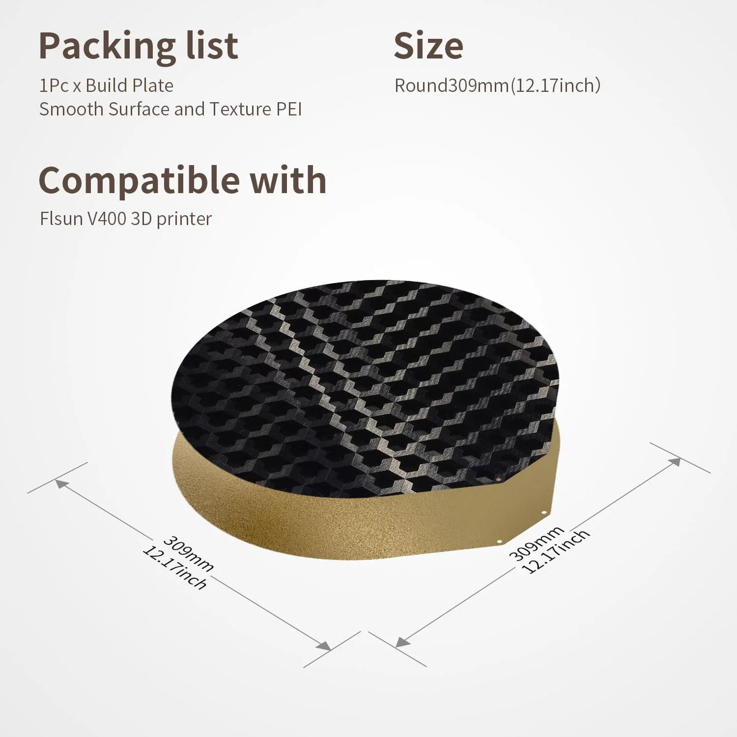 صفحه ساخت گرد ارتقا یافته Flsn V400 با قطر 309 میلی متر، دو طرفه صاف/بافت دار PEH+ PEI، پلتفرم فولادی فنری با بستر مغناطیسی برای پرینترهای سه بعدی Flsun V400