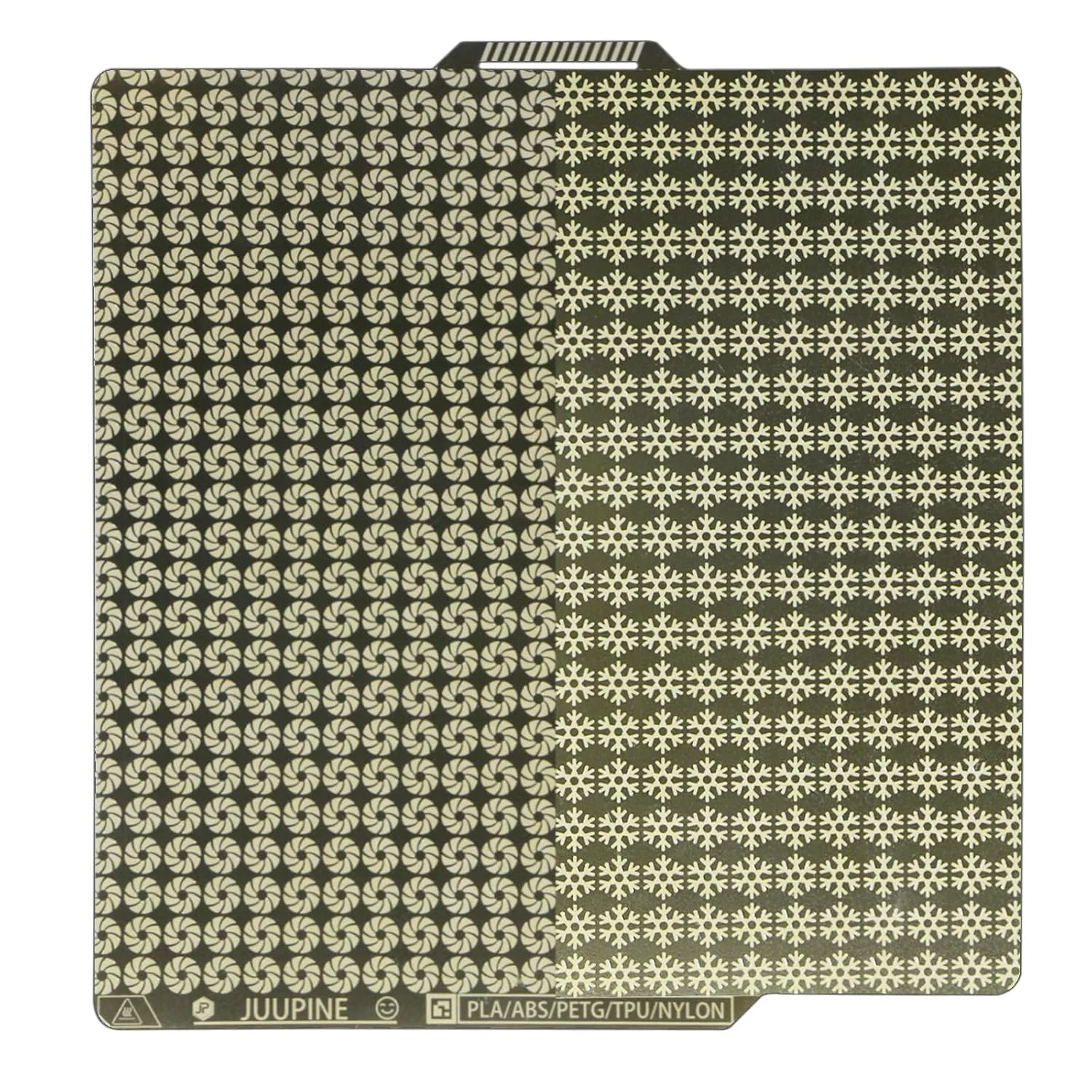 صفحه ساخت دانه برفی با فناوری ارتقا یافته JUUPINE، ابعاد 257x257 میلی‌متر، مناسب برای پرینتر سه بعدی Bambu Lab X1C/X1/X1E/P1P/P1S/P2S/A1، پلتفرم تخت حرارتی دو طرفه فنری انعطاف پذیر 0.5 میلی‌متری.