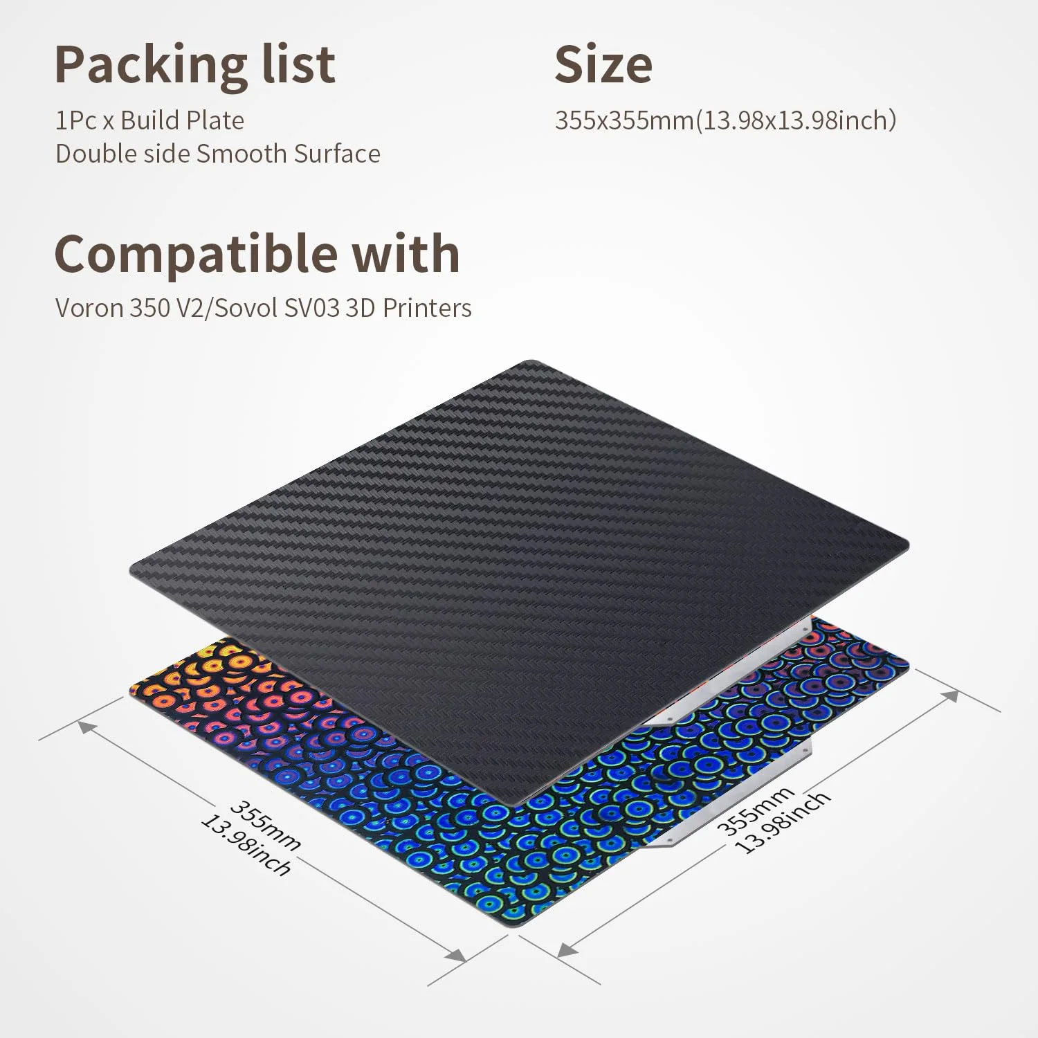 صفحه ساخت فولادی فنری ارتقا یافته 355x355 میلی‌متر برای Sovol SV03 SV08، ورق PEK PET دو طرفه صاف، بستر حرارتی انعطاف‌پذیر برای پرینتر سه بعدی Voron 2.4 V2 350