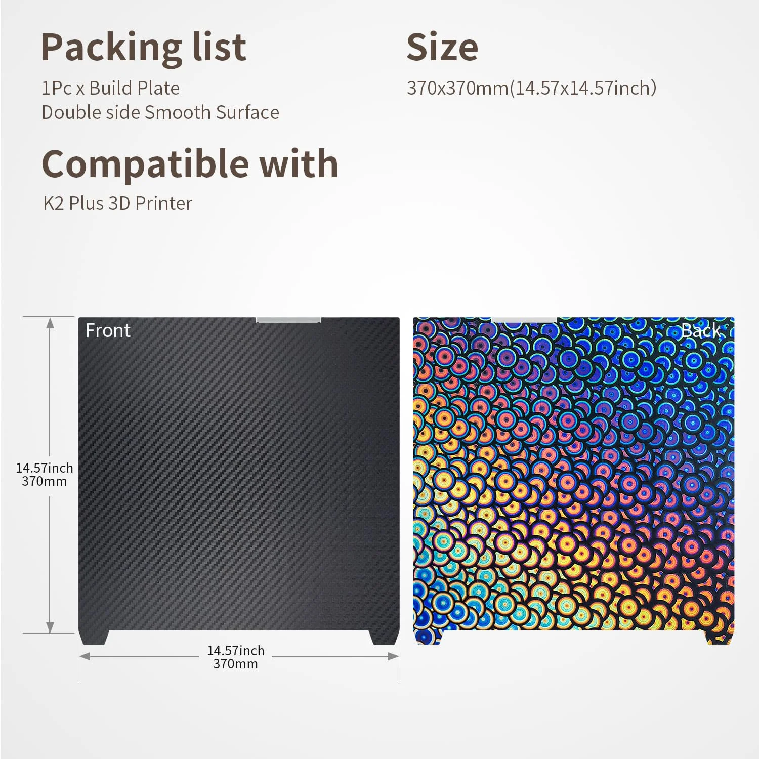 صفحه ساخت دو طرفه PEK PET ارتقا یافته 370x370 میلی‌متری K2 Plus، پلتفرم بستر چاپ برای پرینتر سه بعدی Creality K2 Plus، ورق فولادی فنری انعطاف پذیر بدون پایه مغناطیسی برای Creatily K2 Plus