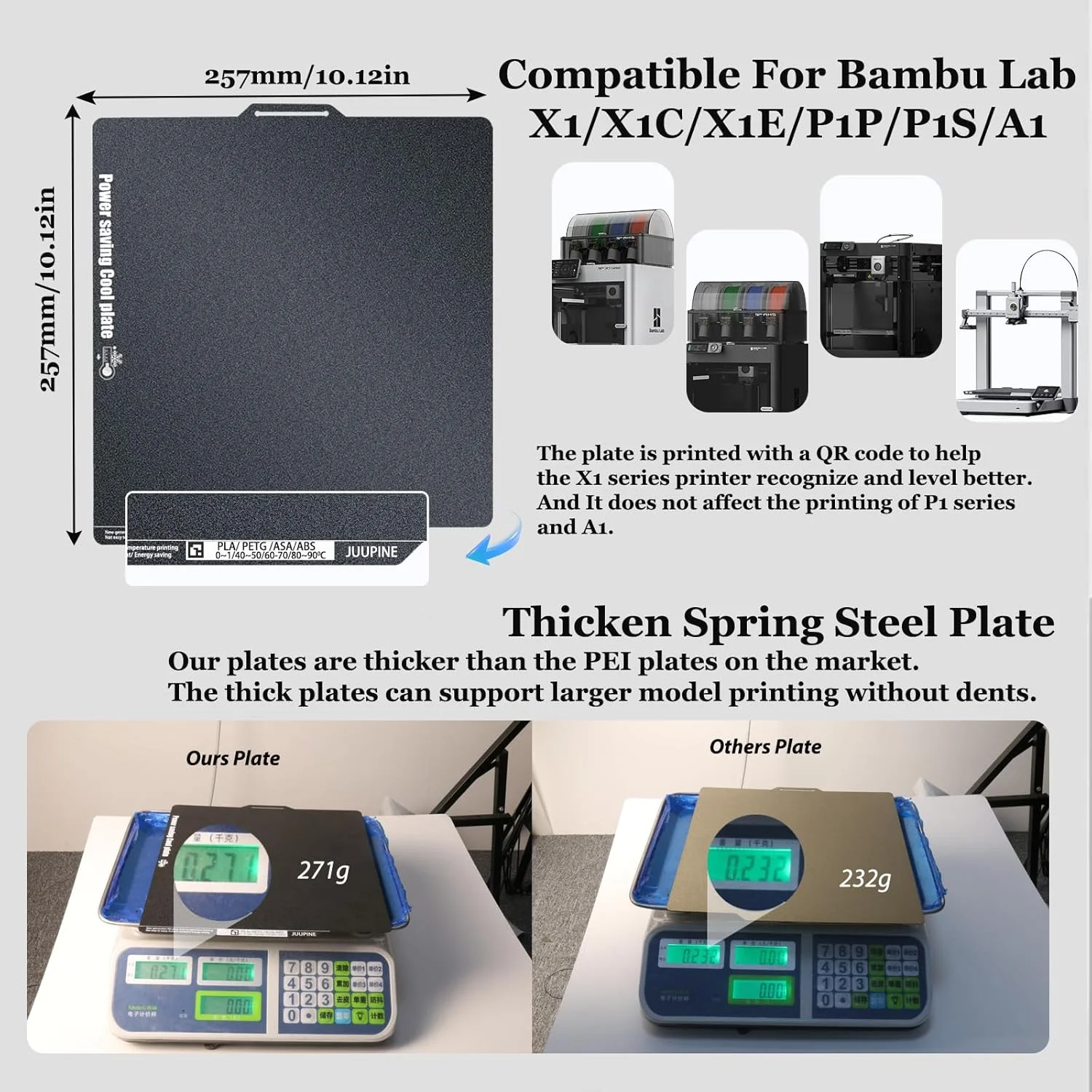 صفحه ساخت چاپ سرد 257x257 میلی‌متری ارتقا یافته و کم مصرف برای پرینتر سه بعدی Bambu Lab A1/X1/X1C/X1E/P1P/P1S، صفحه فولادی فنری بستر گرم با دمای پایین بدون نیاز به چسب