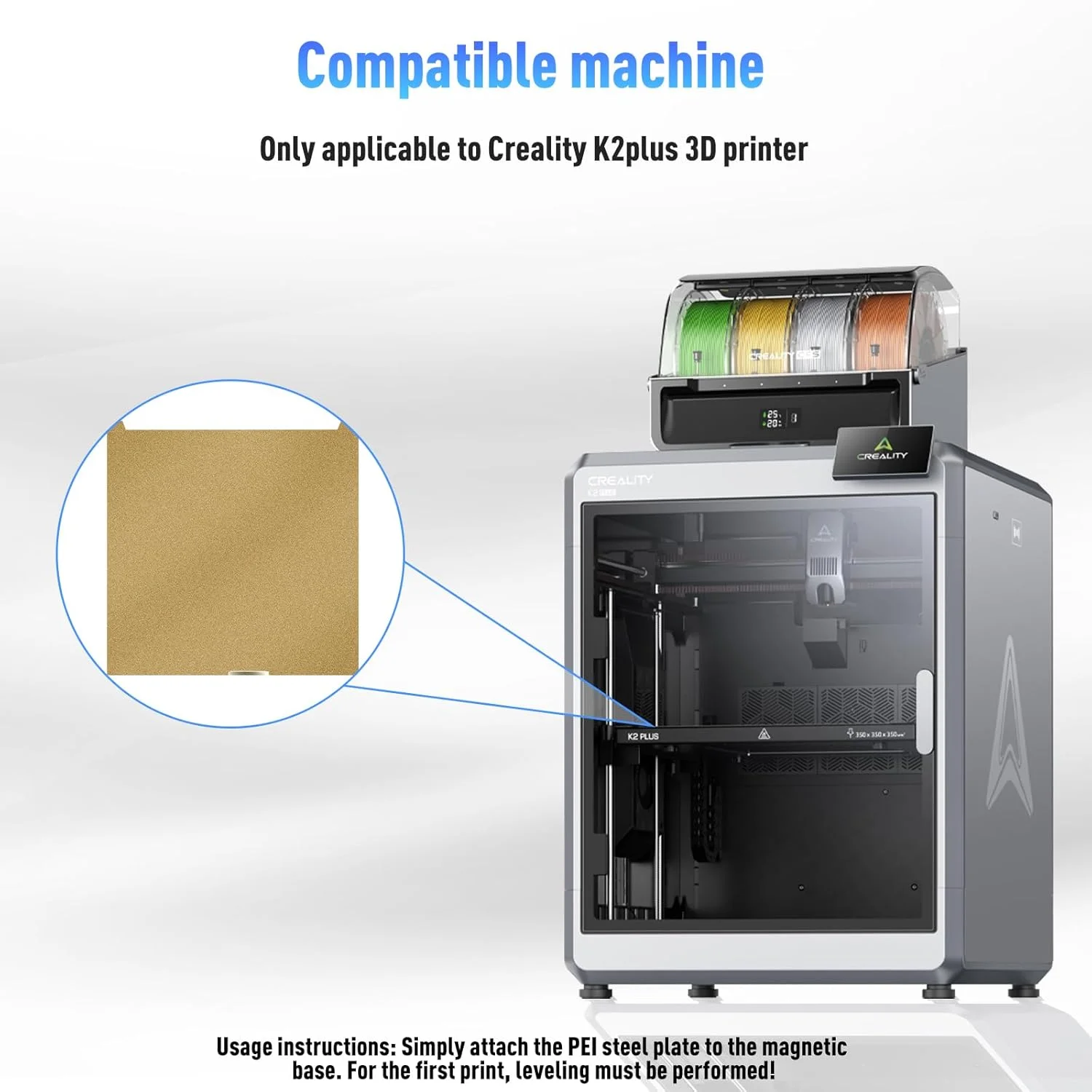 صفحه ساخت طلایی ارتقا یافته 370x370 میلی‌متری K2 Plus، ورق PEI فولادی فنری انعطاف‌پذیر با بافت دو طرفه، تخت چاپ مغناطیسی برای پرینتر سه بعدی Creality K2 Plus