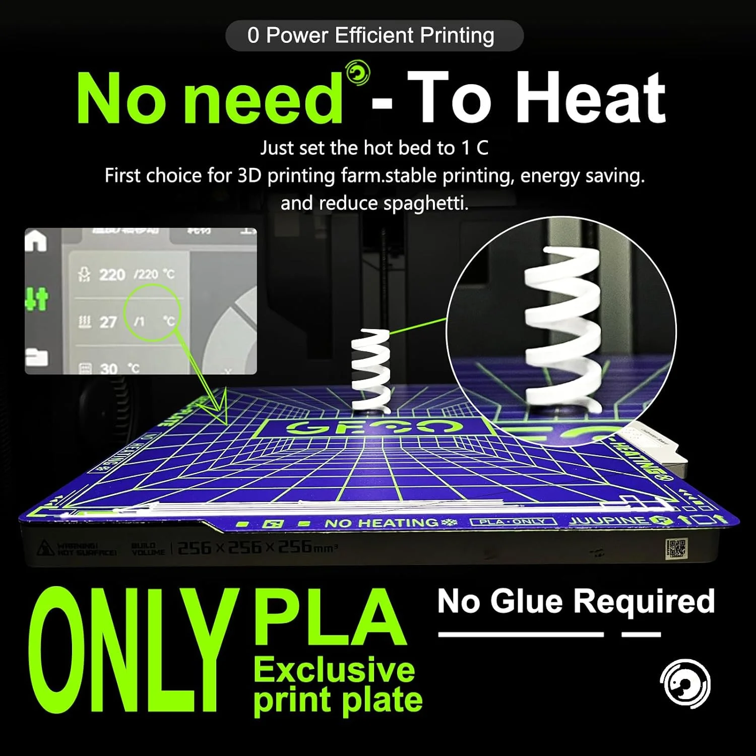 صفحه جدید و ارتقا یافته GECO مدل 2025 JUUPINE برای پرینتر سه بعدی Bambu Lab P2S/P1P/P1S/X1C/X1/X1E/A1، صفحه سرد PLA (بدون نیاز به گرمایش) 257X257mm، فولاد فنری مغناطیسی 0 درجه سانتیگراد، بدون نیاز به چسب.