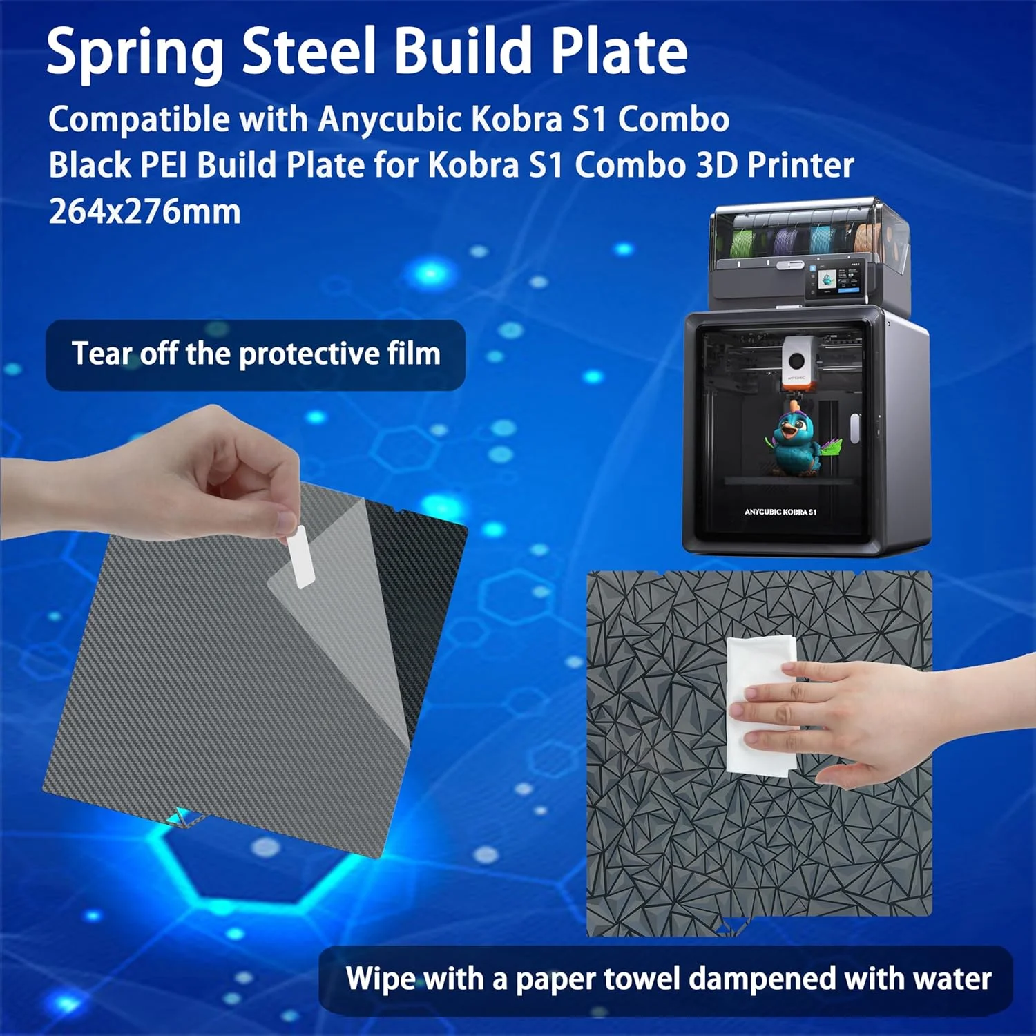 صفحه ساخت PEO PET برای پرینتر سه بعدی Kobra S1 Combo: صفحه ساخت دو طرفه صاف PEO + PET فیبر کربنی، بستر فولادی فنری انعطاف پذیر 264x276 میلی متر سازگار با Anycubic Kobra S1 Combo