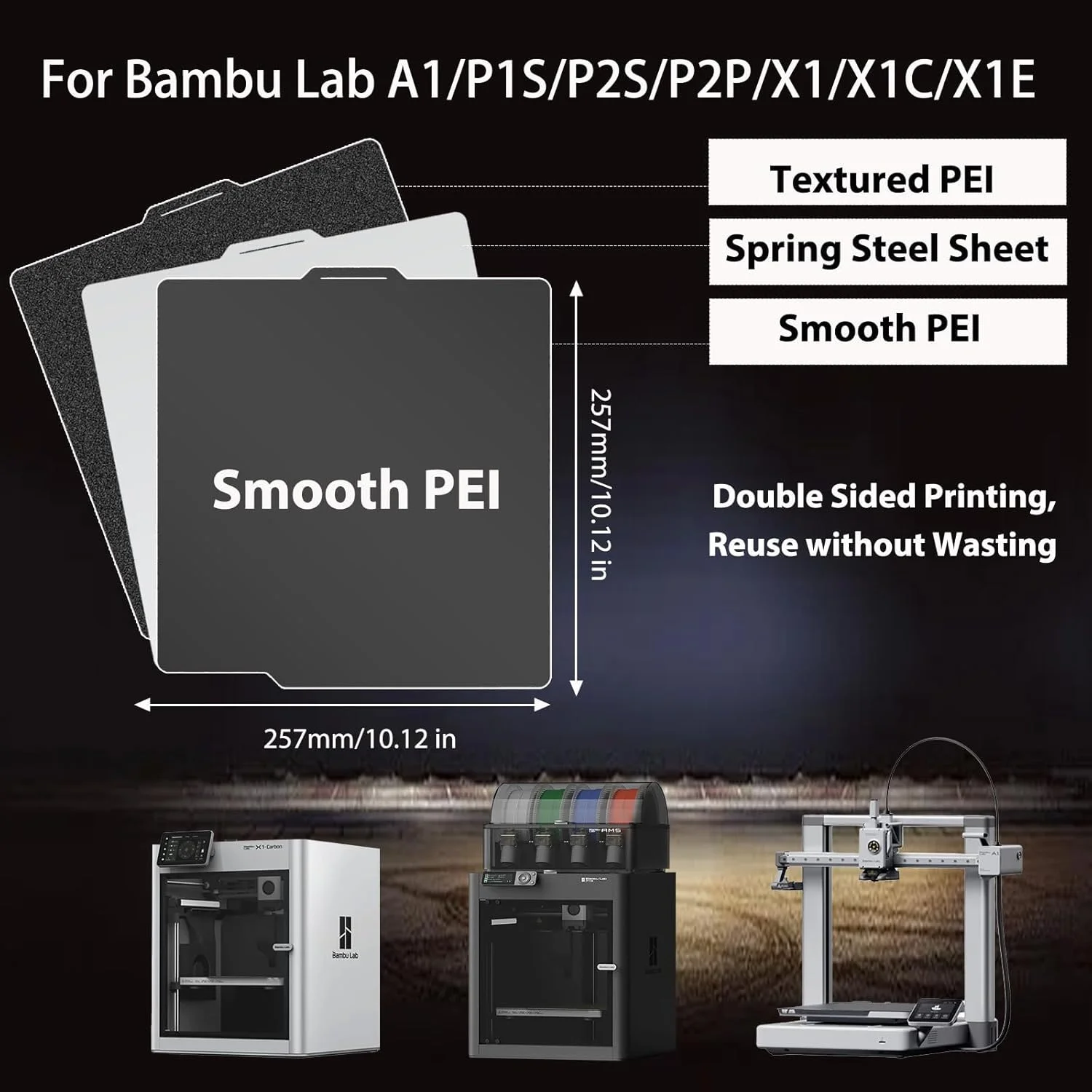 صفحه ساخت دو طرفه مشکی PEI برای پرینترهای سه بعدی Bambu Lab P2S/X1/X1C/X1E/P1P/P1S/A1، صفحه فولادی فنری PEI با بافت صاف + PEI بافت دار، پلتفرم انعطاف پذیر 257x257 میلی متر