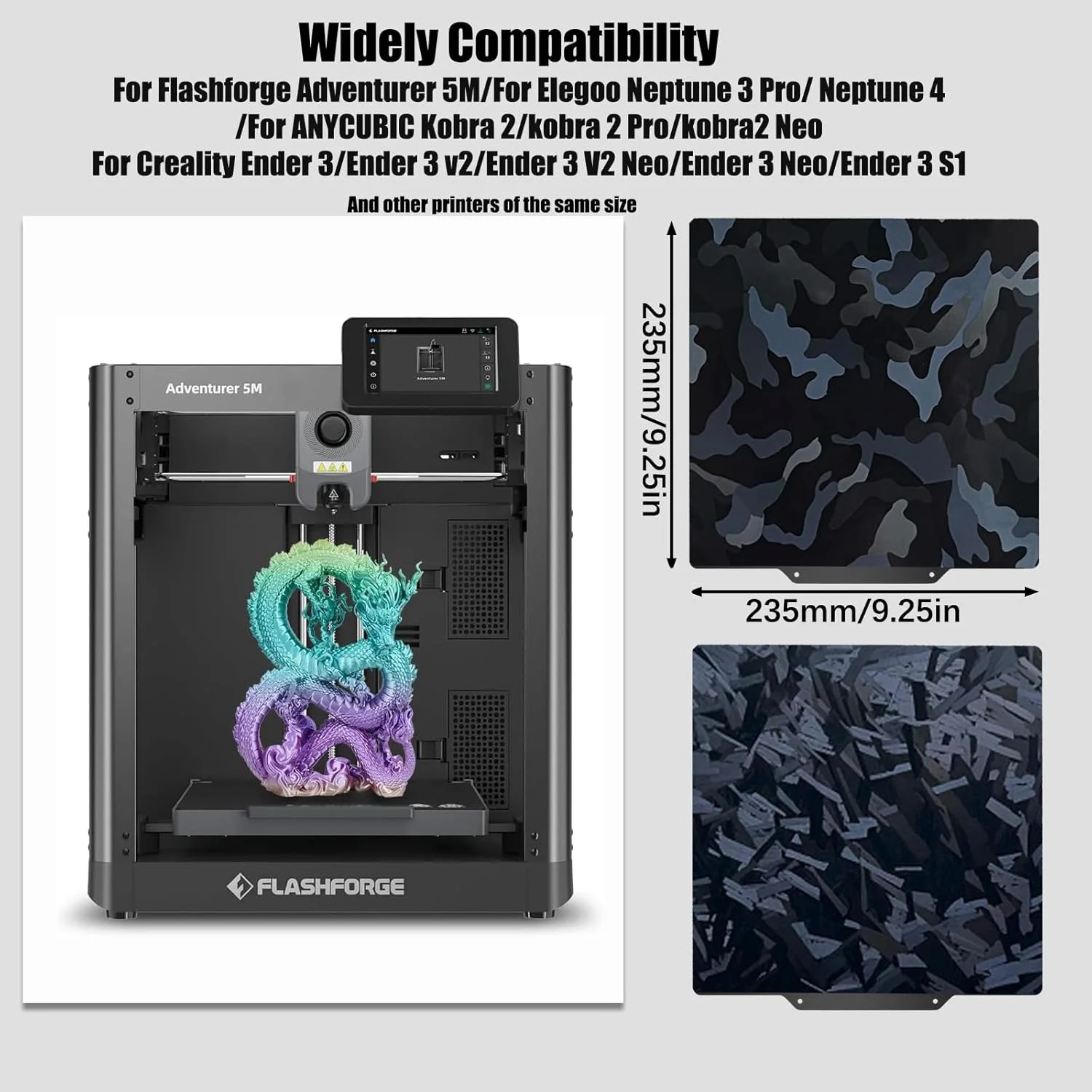 صفحه ساخت پرینتر سه بعدی Sahvaim Adventurer 5M مناسب برای Adventurer 5M/5M pro/Ender 3/3 Pro/Ender 3 S1/Ender 3 V2 Neo/Ender 3 Neo، ورق فولادی فنری طرح استتار با ارتفاع زیاد، ابعاد 235x235 میلی‌متر