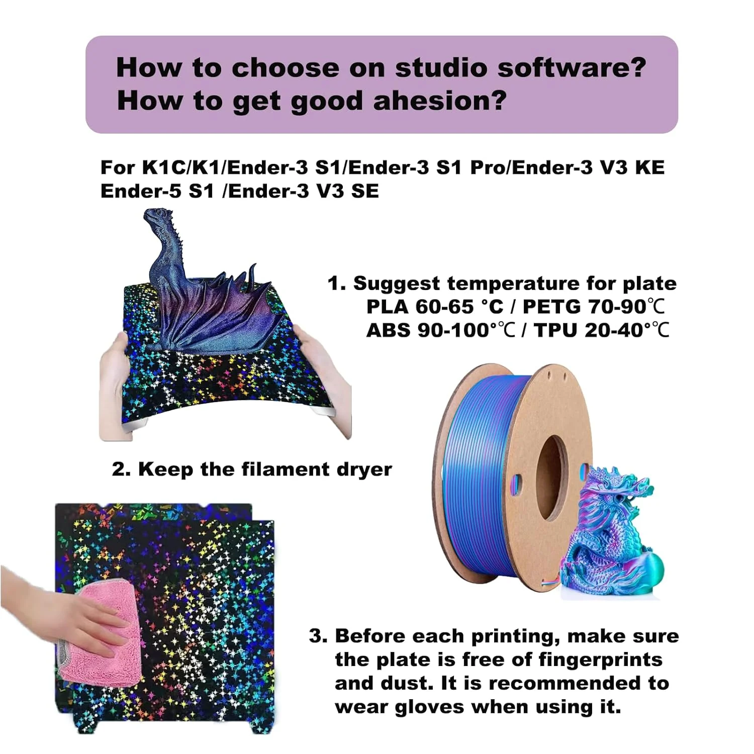 صفحه ساخت صاف K1 K1C با پایه برچسب مغناطیسی (PEF رنگین کمانی + PEY کهکشانی)، پلتفرم چاپگر سه بعدی برای Creality K1/ K1C/Ender-3 S1/Ender 5 S1/Ender 3 S1 Pro/Ender V3 KE/Ender3 V3 SE