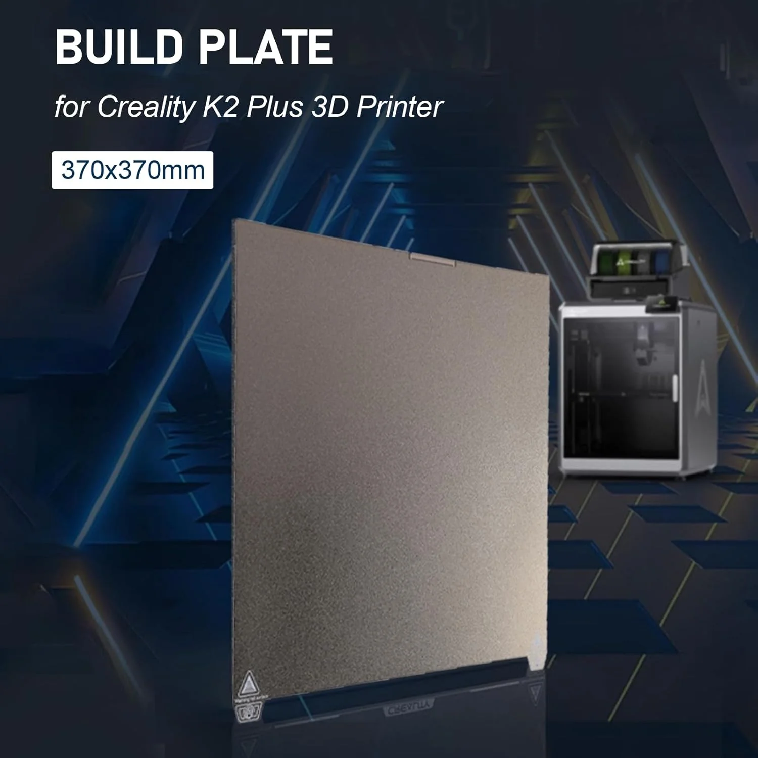 صفحه ساخت پرینتر سه بعدی برای K2 Plus سایز 370x370mm، صفحه ساخت فولاد فنری با بافت PEI + PEO صاف، لوازم جانبی پرینتر سه بعدی بستر گرم شونده انعطاف پذیر دو طرفه