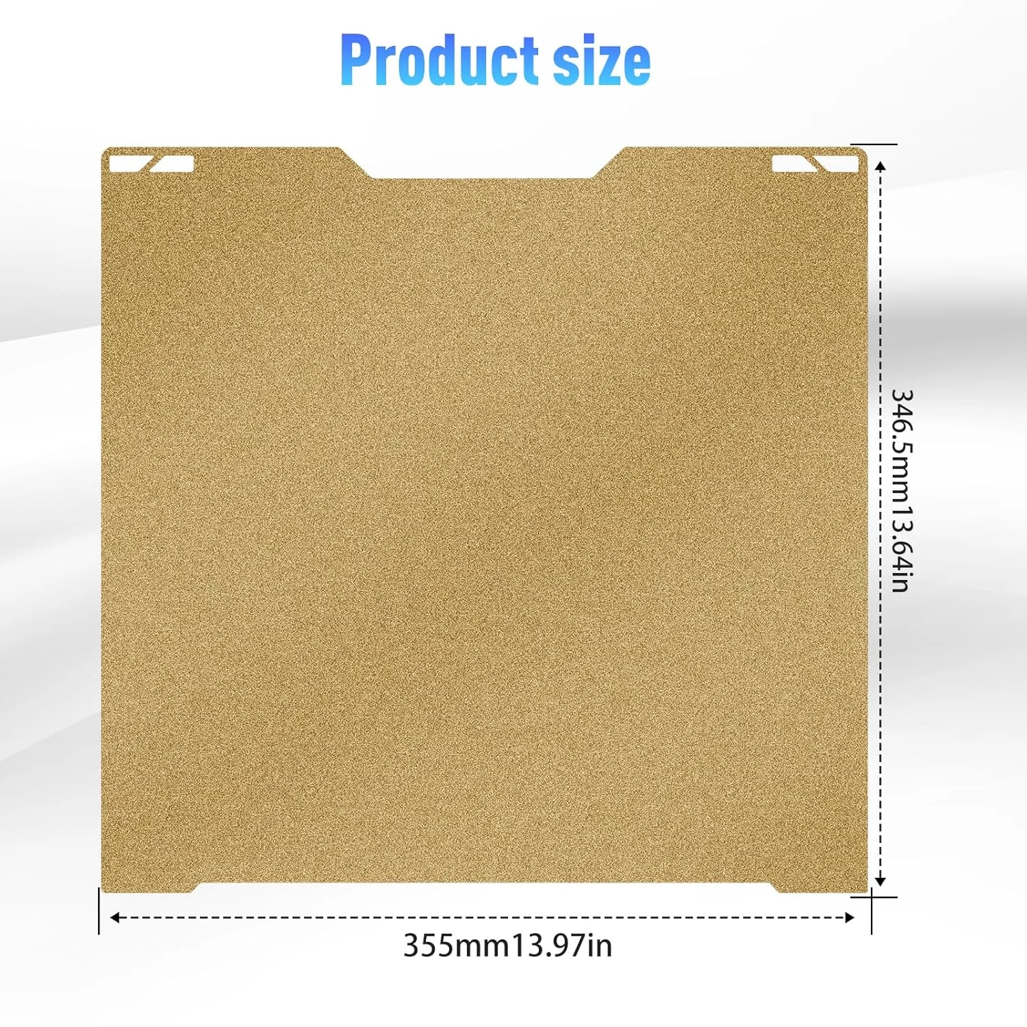 صفحه ساخت پرینتر سه بعدی H2D، یک عدد ورق فولادی فنری دو طرفه PEI طلایی رنگ، 355x346 میلی متر، صفحه ساخت چاپ در دمای پایین