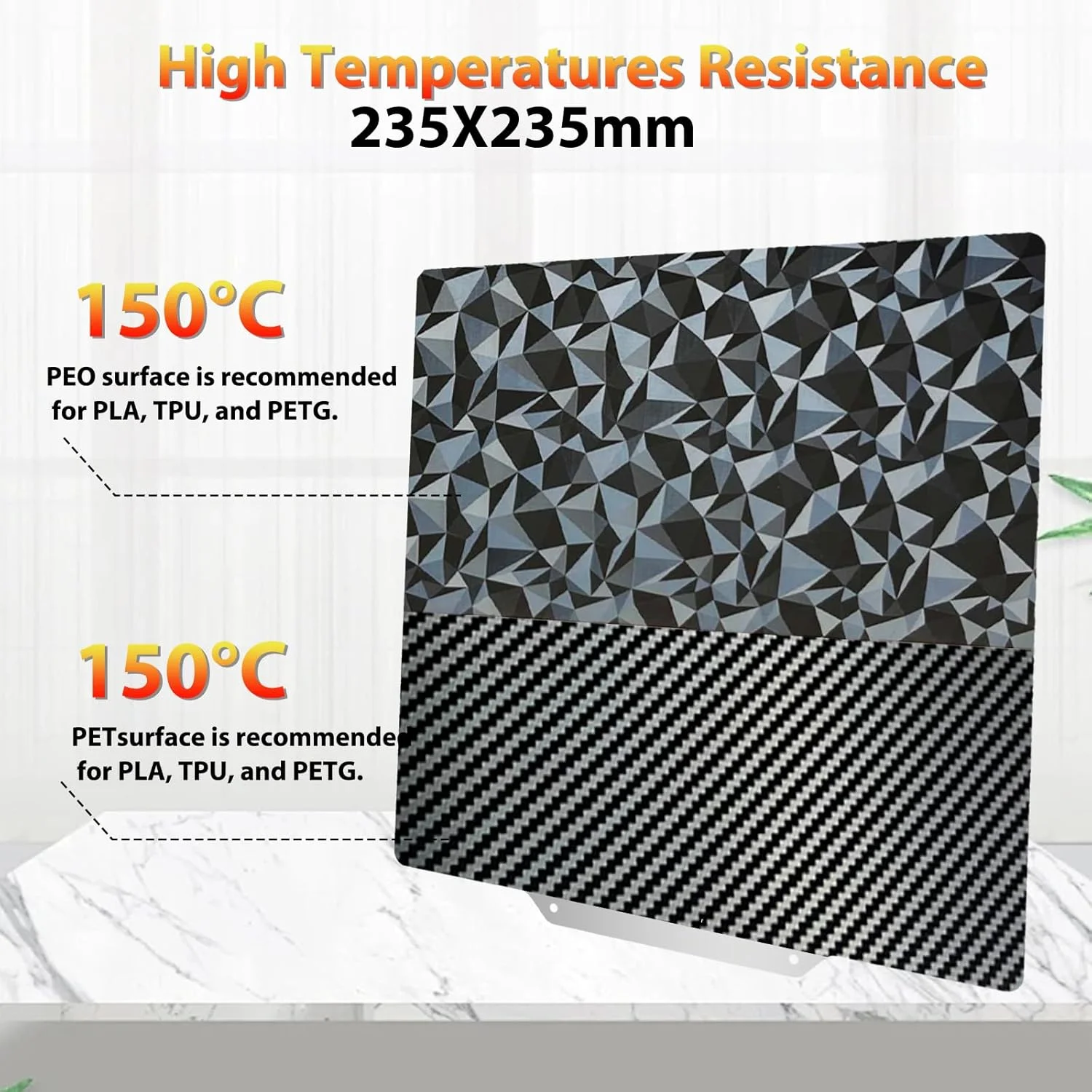 صفحه ساخت 235x235 میلی‌متری برای پرینتر سه بعدی AD5X/AD5M/AD5M pro/Ender 3/3 Pro/Ender 3 S1/Ender 3 V2 Neo/Ender 3 Neo، صفحه فولادی فنری الماس PEO+ فیبر کربن PET