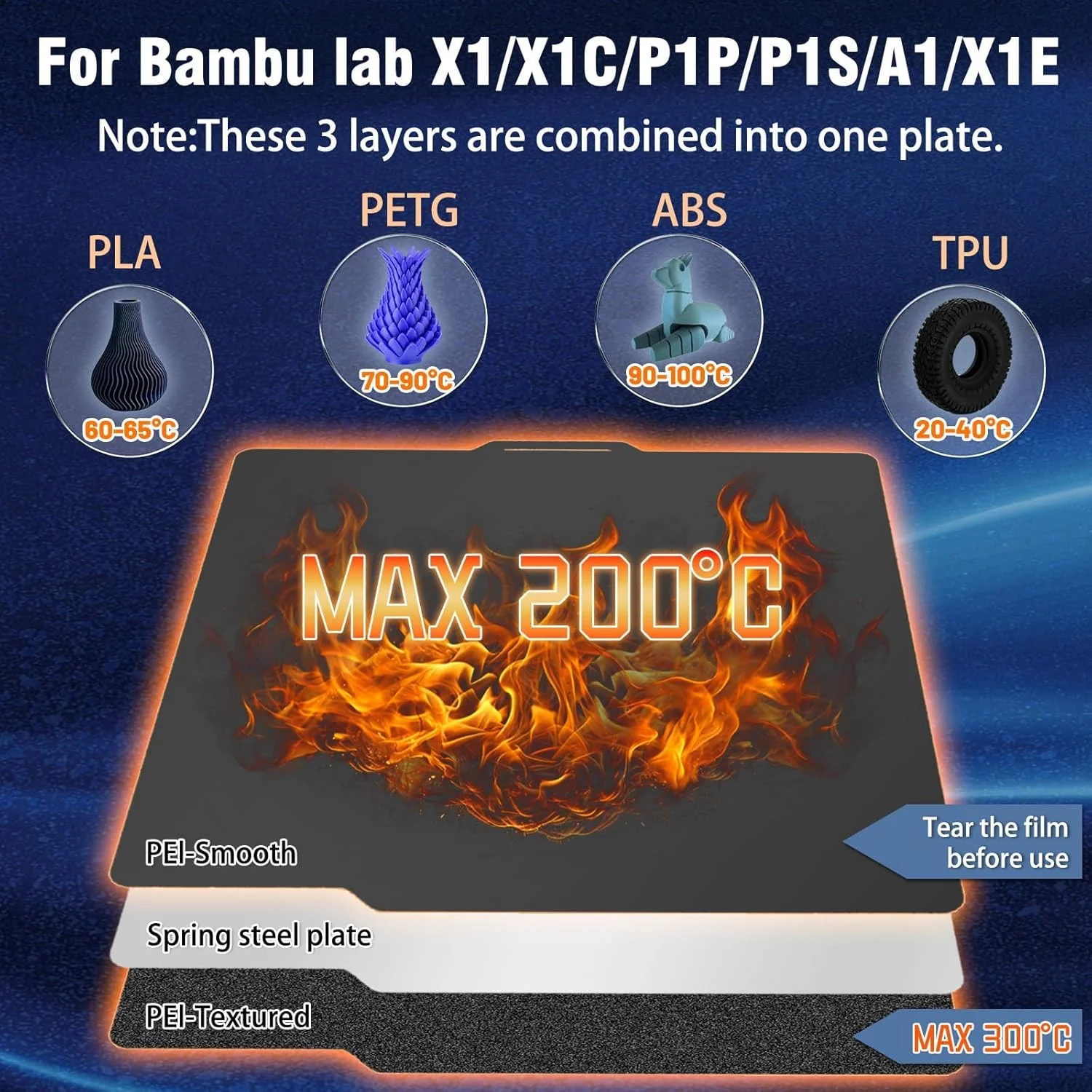 صفحه ساخت بستر حرارتی PEI صاف JUUPINE دو طرفه صاف و بافت دار PEI 257x257 میلی متر برای پرینتر سه بعدی Bambu Lab P2S/ P1P/P1S /X1/X1C/X1E/A1، پلتفرم فولادی فنری قابل جابجایی با چسبندگی بالا.