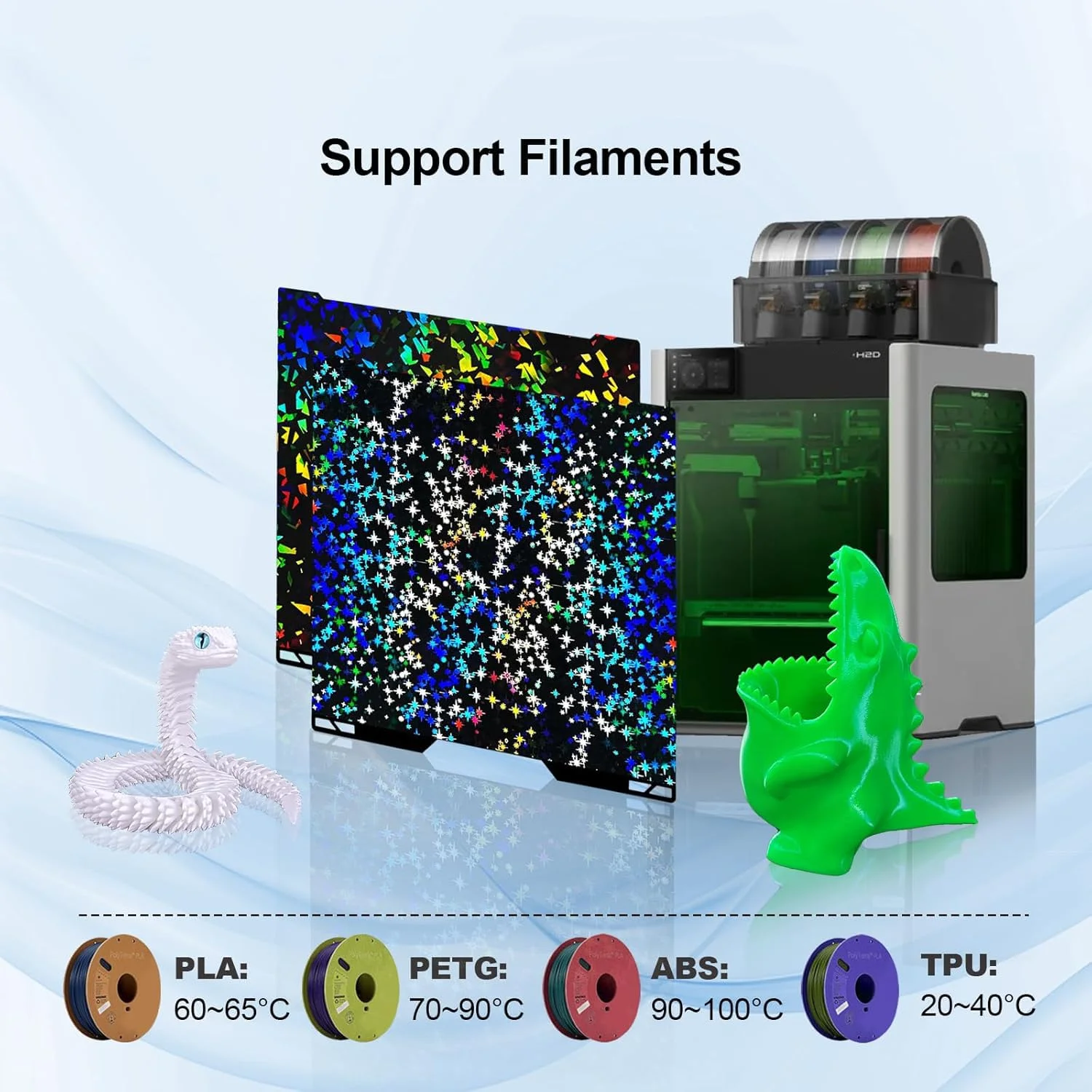 صفحه ساخت صاف H2D H2S برای Bambu Lab 355x346mm، صفحه تخت فولادی فنری PEF طرح رنگین کمانی اکلیلی + ستاره ای برای پلتفرم پرینتر سه بعدی Bambu Labs H2D H2S