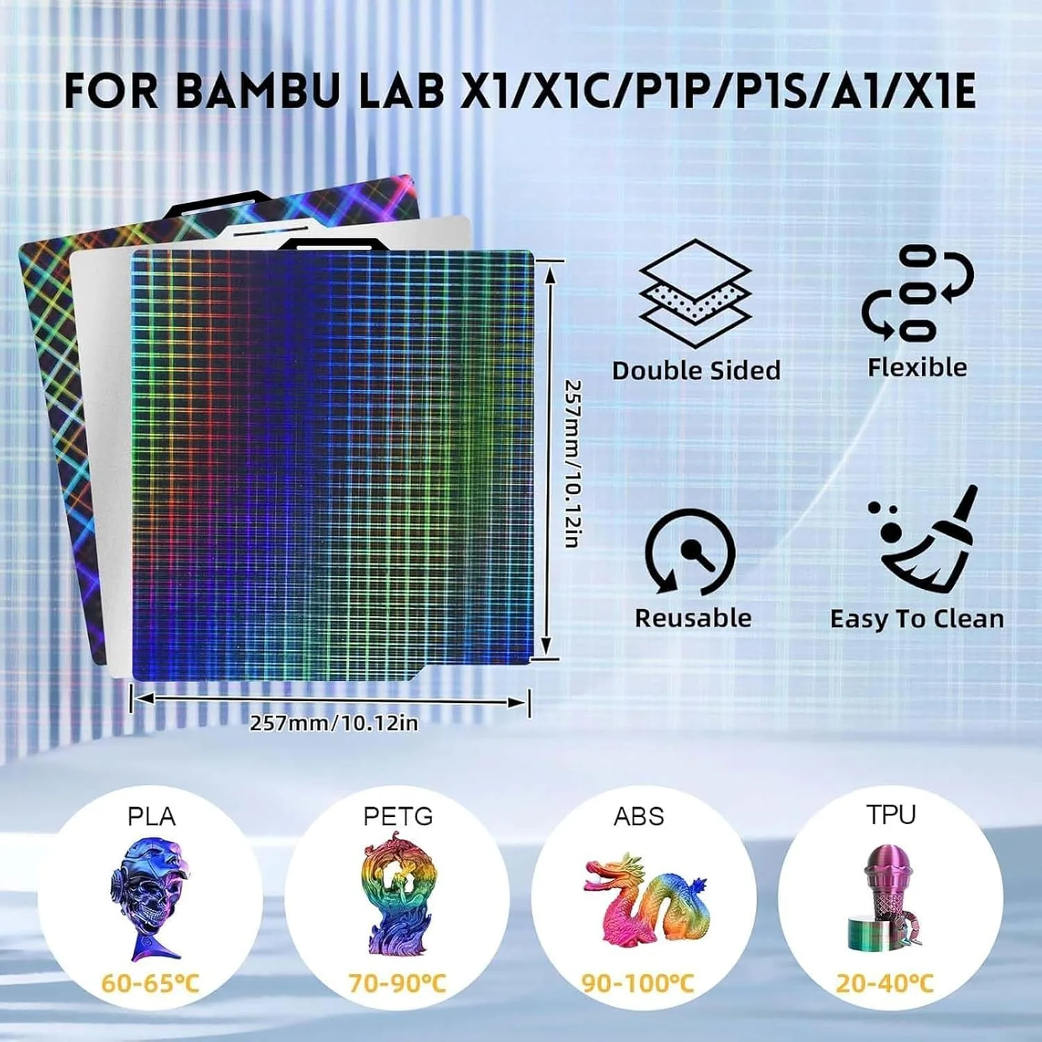 صفحه ساخت دو طرفه طرح رنگین کمانی صاف + مشبک رنگین کمانی IdeaFormer، پلتفرم فولاد فنری PES جداشدنی 257x257 میلی‌متری برای پرینترهای سه بعدی Bambu Lab A1/X1C/X1/X1E/P1P/P1S