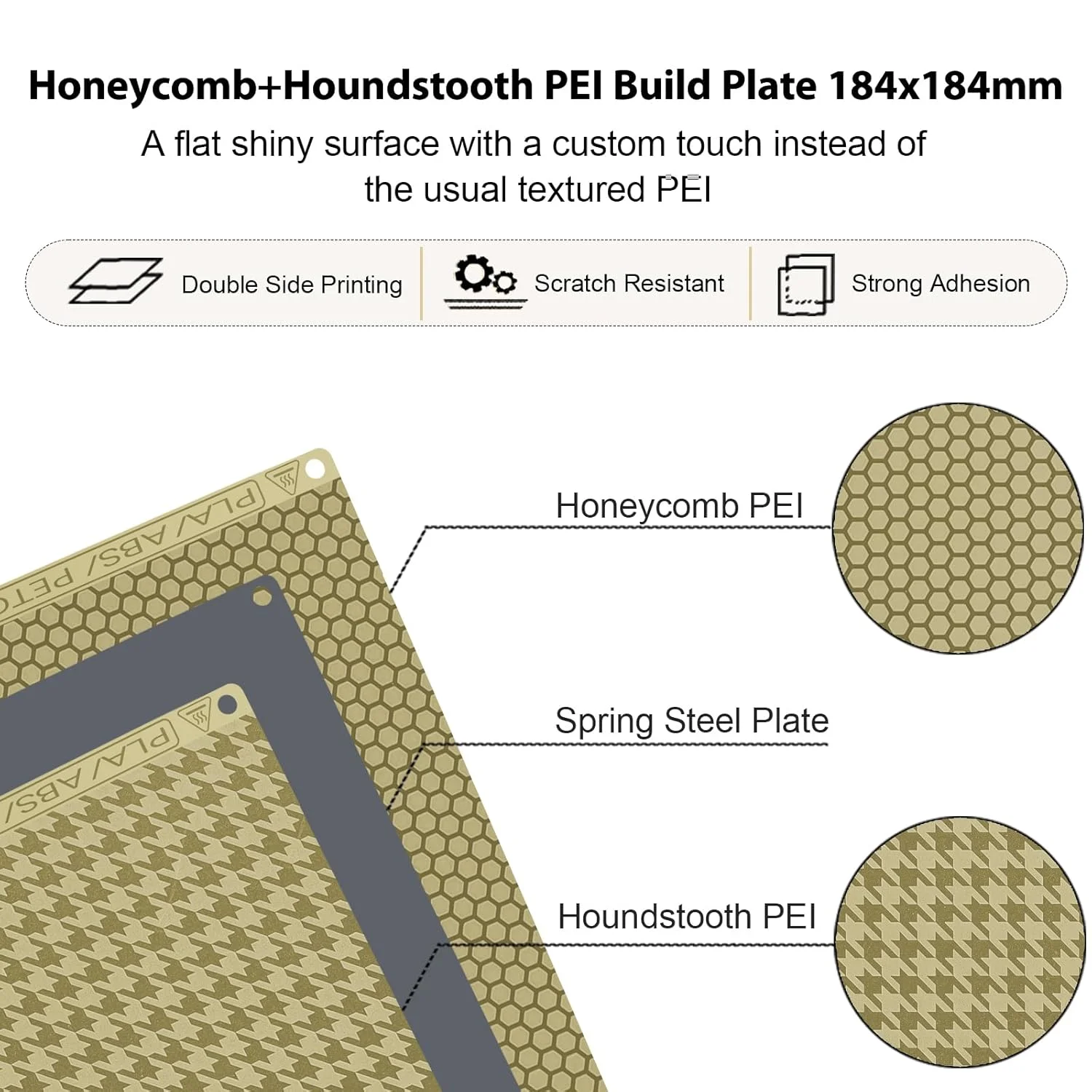 صفحه ساخت PEI طرح Houndstooth & Honeycomb برای پرینتر سه بعدی Bambu Lab A1 Mini، صفحه فولادی فنری PEI با بافت دو طرفه و انعطاف پذیر، ابعاد 184x184 میلی متر