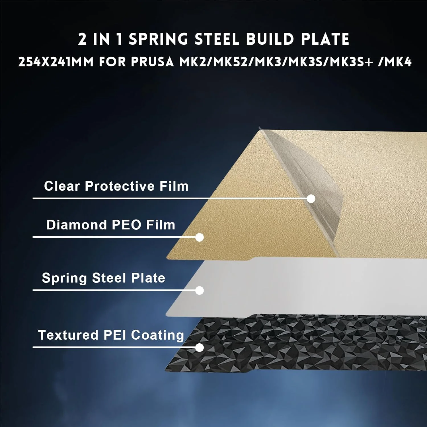 صفحه ساخت MK3 MK3S MK4 برای پروسا، صفحه فولادی فنری انعطاف پذیر PEO PEI 241x253.8 میلی متر برای تخت پرینتر سه بعدی پروسا I3 MK2 MK2.5S MK52 MK3S+