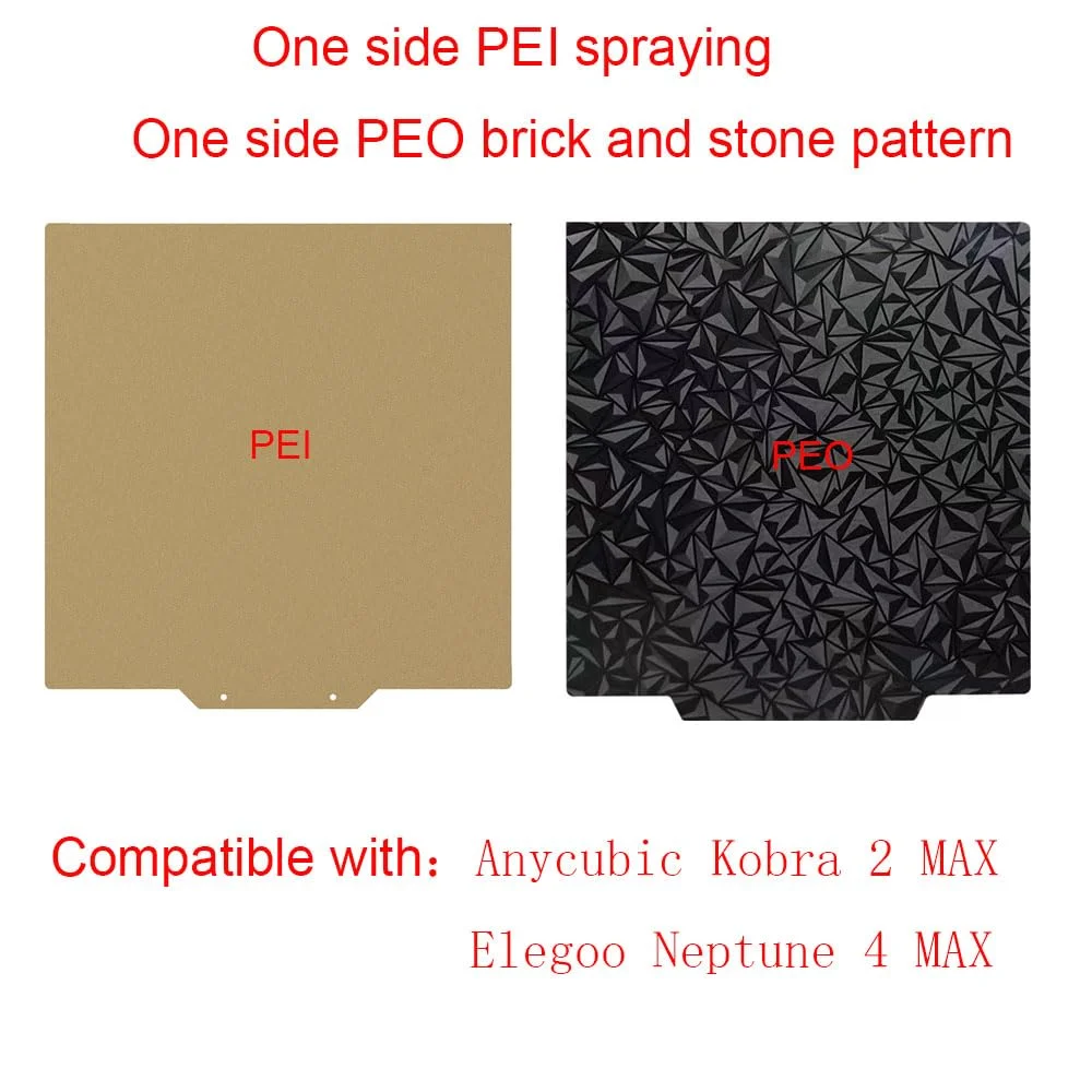 صفحه ساخت دو طرفه 430X430 PEI PEO، بستر حرارتی، صفحه فولادی فنری انعطاف پذیر، یک طرف بافت دار و یک طرف صاف، مناسب برای Anycubic Kobra 2 Max و Elegoo Neptune 4 Max/Neptune 3 Max