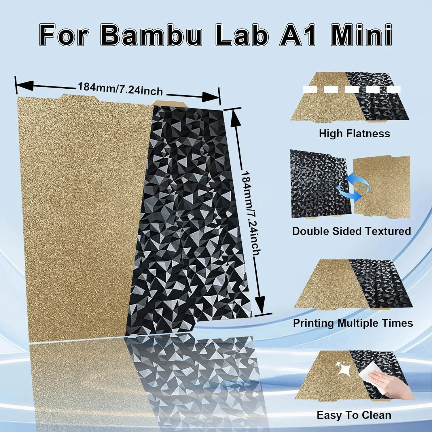 صفحه ساخت PEO PEI 184x184 میلی متر برای صفحه چاپ Bambu Lab A1 Mini، ورق فولادی فنری PEO+PEI با بافت صاف و الماسی، پلتفرم جداشدنی