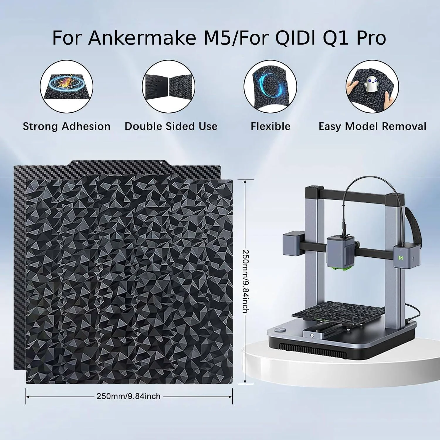 صفحه ساخت PEO PET صاف IdeaFormer ابعاد 250x250 میلی متر برای Ankermake M5، پلتفرم تخت فولادی فنری PET فیبر کربنی + PEO الماسی انعطاف پذیر برای Ankermake M5 برای پرینترهای سه بعدی QIDI Q1 Pro