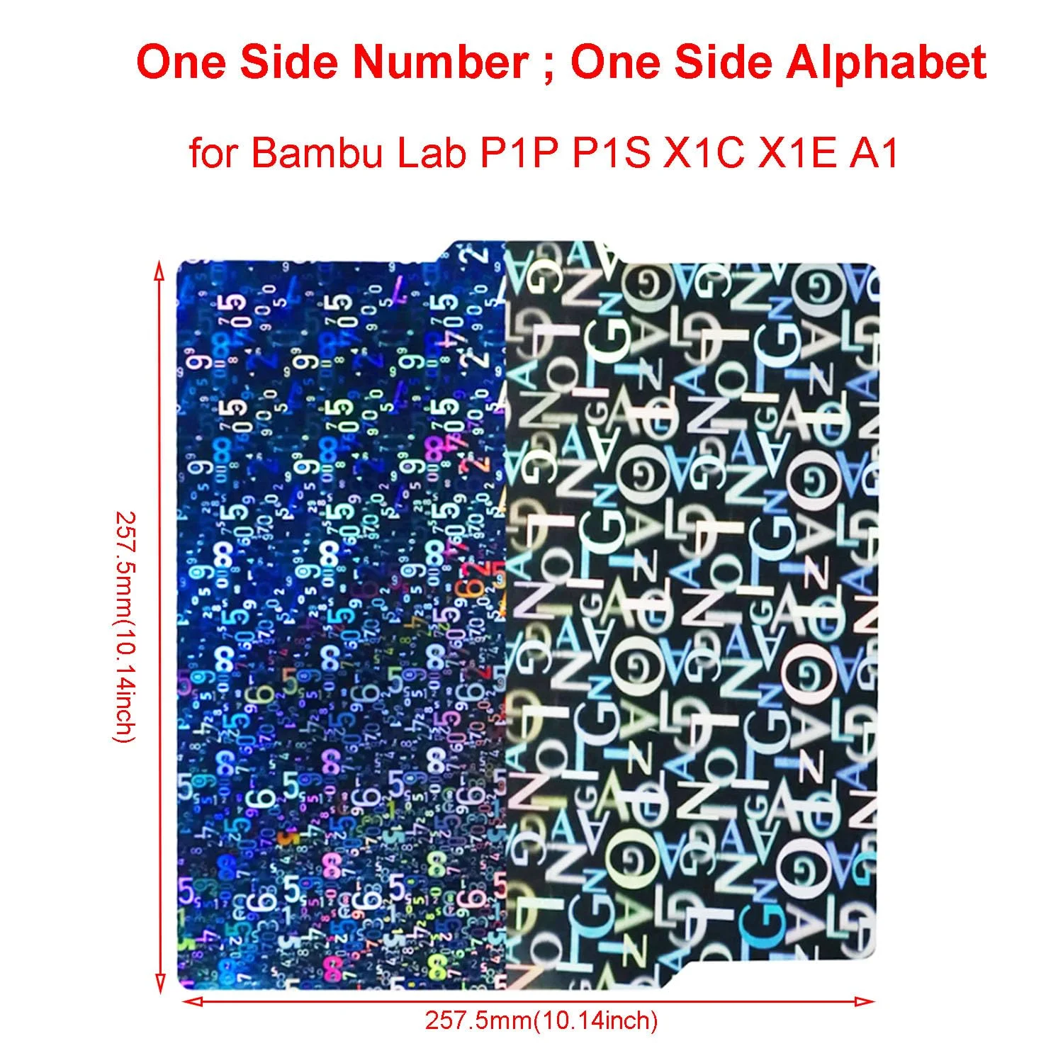 صفحه ساخت دو طرفه 257.5x257.5 میلی‌متر، بستر چاپ انعطاف‌پذیر فولادی فنری، صفحه گرم شونده برای پرینتر سه بعدی Bambu Lab X1/X1C/X1E/P1P/P1S/A1 (حروف الفبا + اعداد)