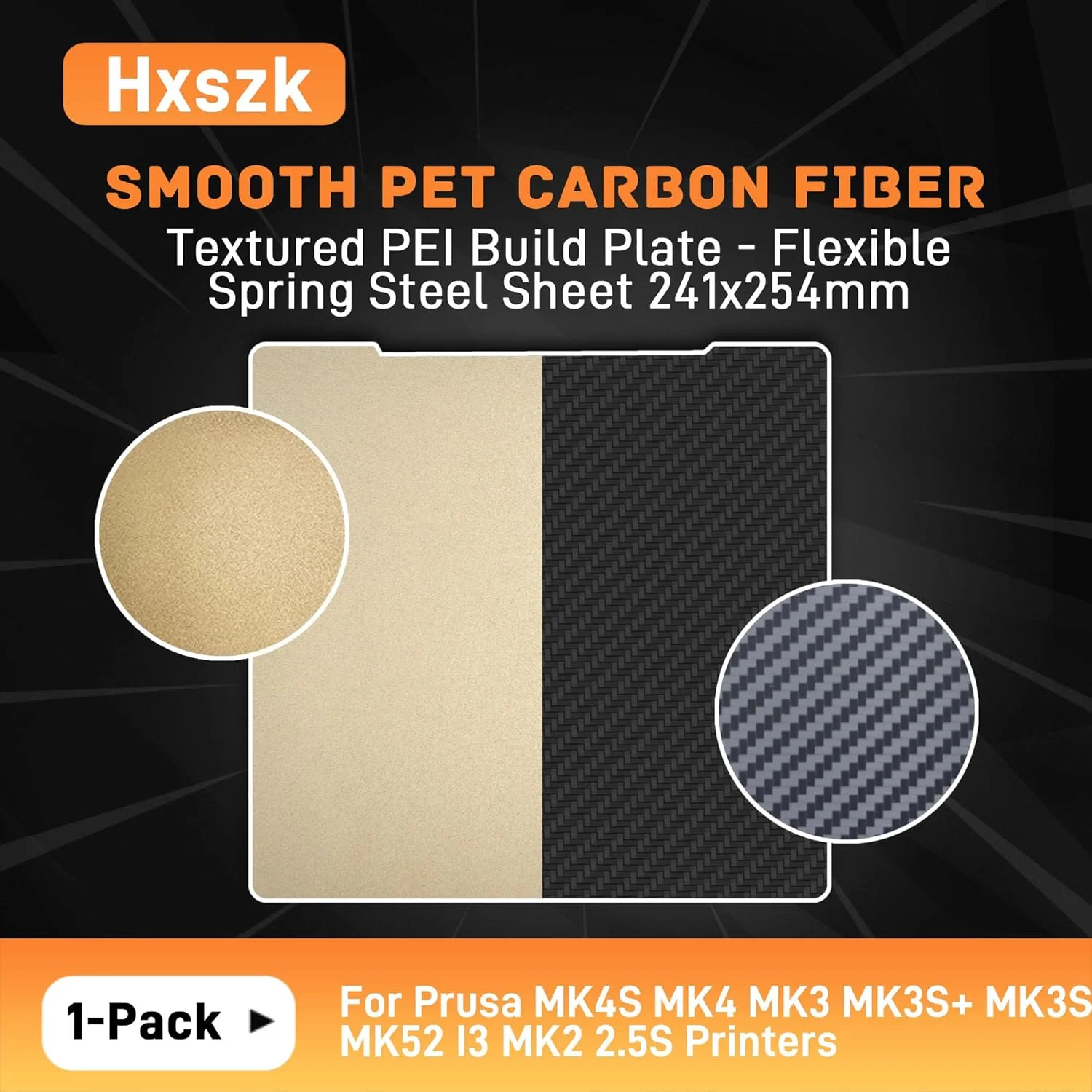 صفحه ساخت فیبر کربنی PET صاف و PEI بافت‌دار - ورق فولادی فنری انعطاف‌پذیر 241x254 میلی‌متر برای پرینترهای سه بعدی Prusa MK4S MK4 MK3 MK3S+ MK3S MK52 I3 MK2 2.5S (تک بسته‌ای)