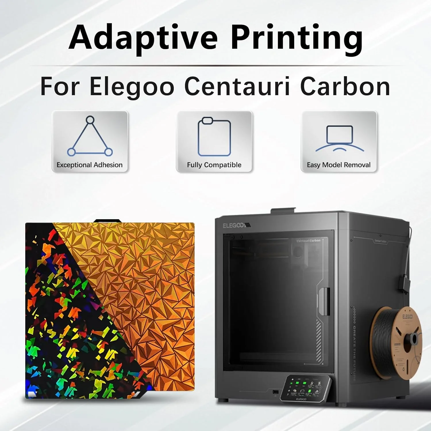 صفحه ساخت هولوگرافیک PEI برای Elegoo Centauri Carbon، ابعاد 260X271 میلی‌متر، دو طرفه، صفحه صاف PLA، پلتفرم بستر حرارتی برای لوازم جانبی سه بعدی Elegoo cc/cc2 (طرح Fragment + Chameleon)