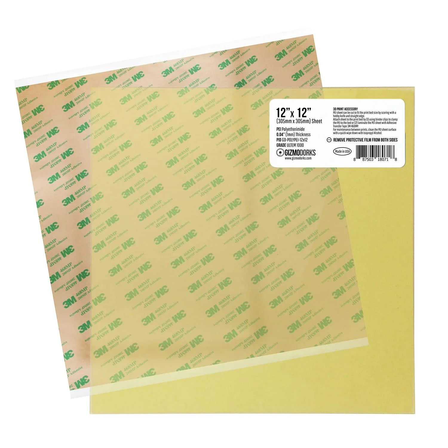 ورق PEI گیزمودورکز 305mm x 305mm با ضخامت 1mm، سطح ساخت پرینتر سه بعدی به همراه چسب 3M 468MP، ساخت آمریکا