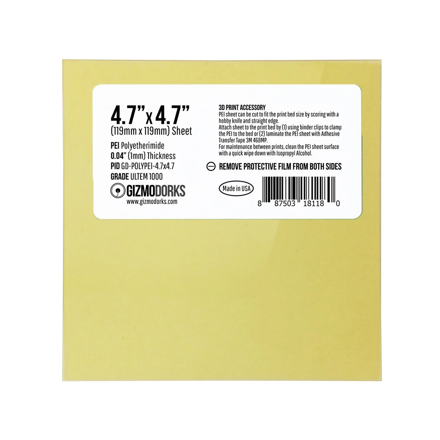 ورق PEI گیزمودورکس 4.7" x 4.7" (120mm x 120mm) ضخامت 1mm سطح ساخت برای پرینتر سه بعدی، ساخت آمریکا