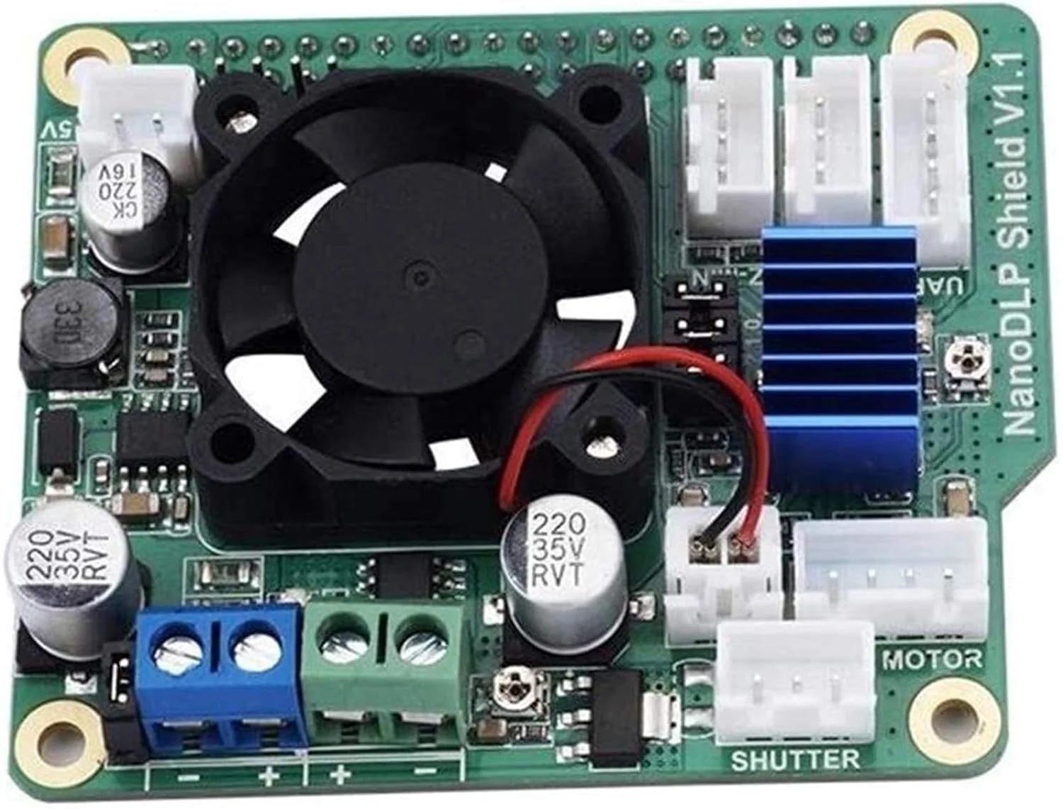 برد توسعه NanoDLP Shield V1.1 با درایور DRV8825 و MOS کنترل شده + 2 عدد سوییچ محدود کننده برای Raspberry Pi 3B و بردهای ماژول پرینترهای سه بعدی لایت کیور NanoDLP