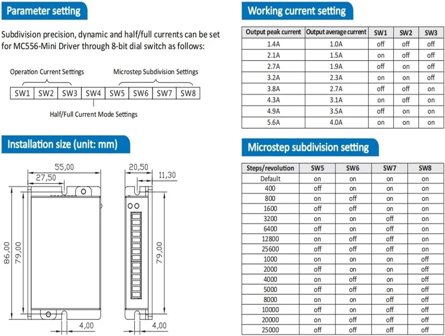 درایور موتور پله ای هیبریدی دو فاز دیجیتال مدل MC556mini DC20V～50V