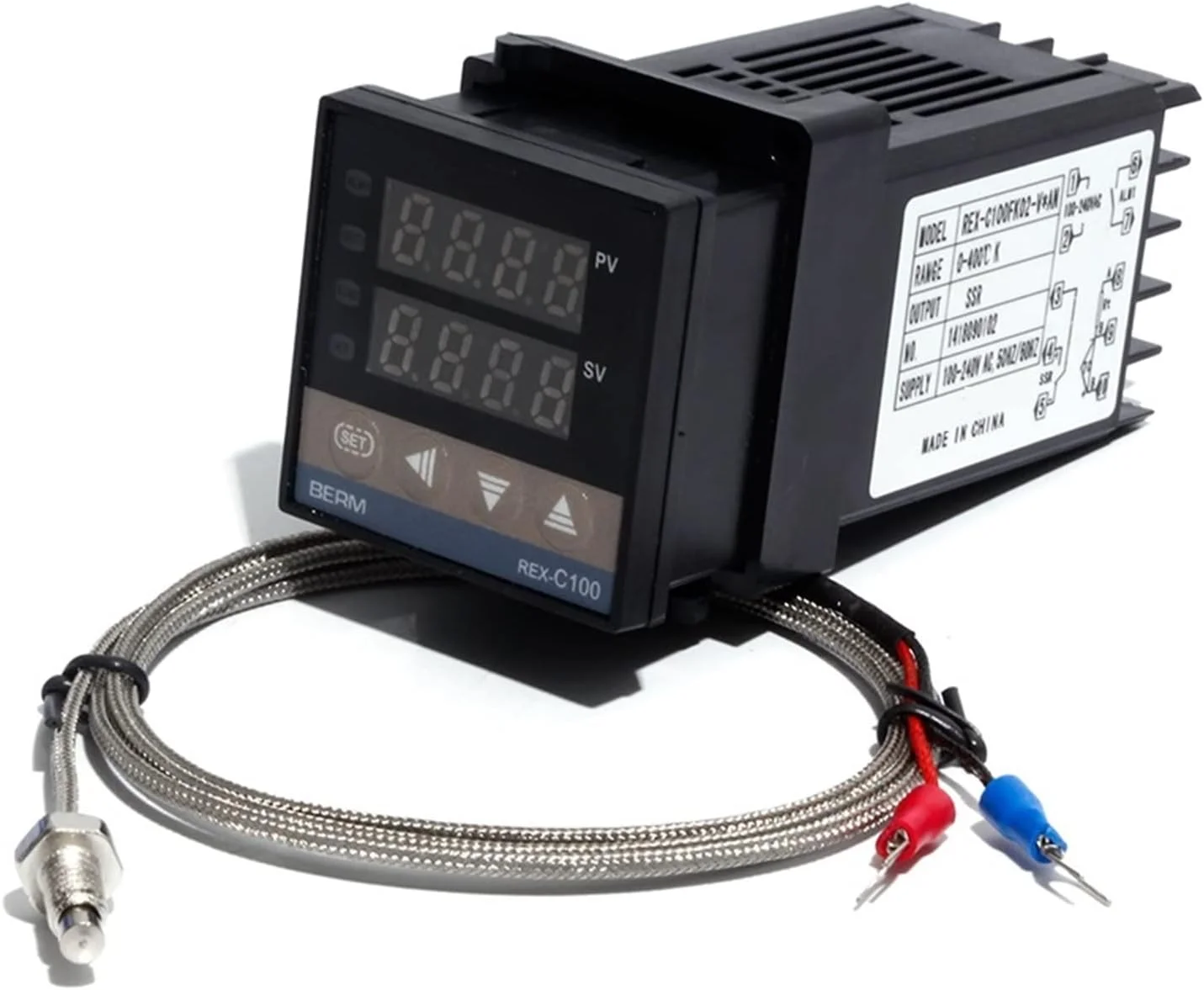 کیت کنترلر دمای دیجیتال PID مدل REX-C100 - ترموکوپل نوع K (رزوه M6) با خروجی SSR/رله (ست کنترلر 2 متری، خروجی SSR)