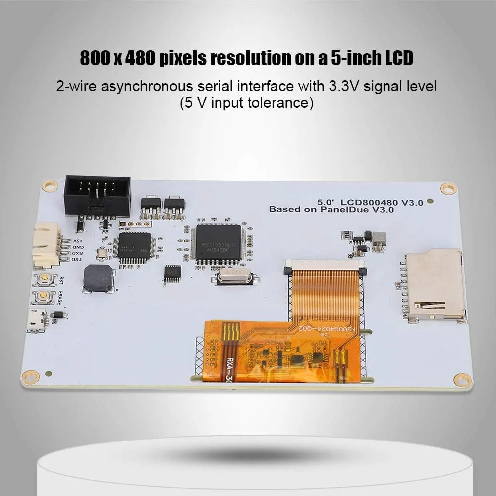 کنترلر صفحه لمسی رنگی PanelDue 5i برای پرینترهای سه بعدی، نمایشگر ال سی دی 5 اینچی با رزولوشن 800x480، منبع تغذیه 5 ولت، شامل 2 کابل