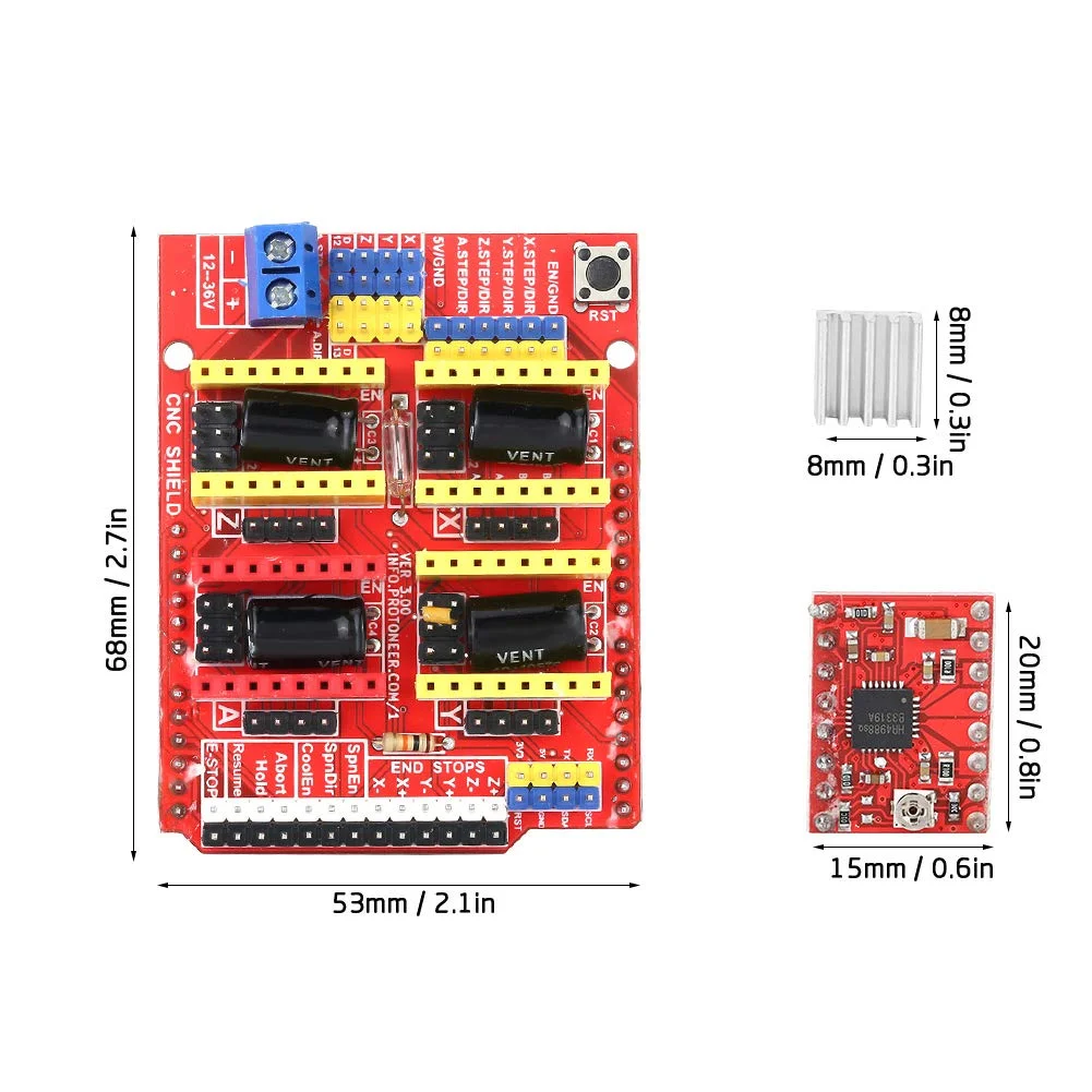 کیت پرینتر سه بعدی CNC V3.0 شامل برد توسعه DC 12V-36V و ماژول درایور A4988 به همراه هیت سینک (3 عدد)