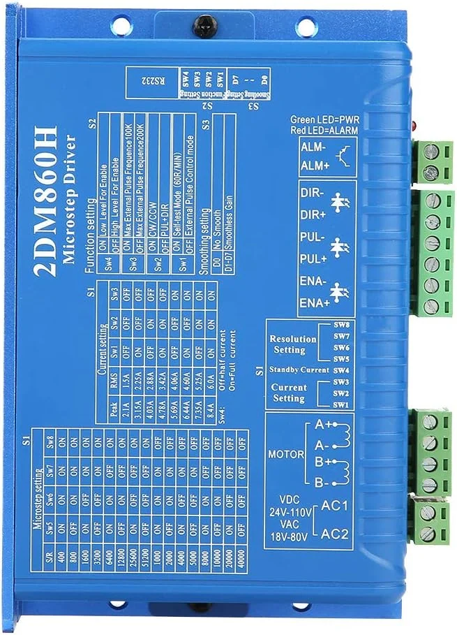 درایور موتور پله ای دو فاز دیجیتال CNC 2DM860H، کنترلر میکرو استپ با دقت بالا، تکنولوژی DSP 32 بیتی، لرزش و نویز فوق العاده کم، تنظیم 2 تا 256 میکرو استپ برای صنعت