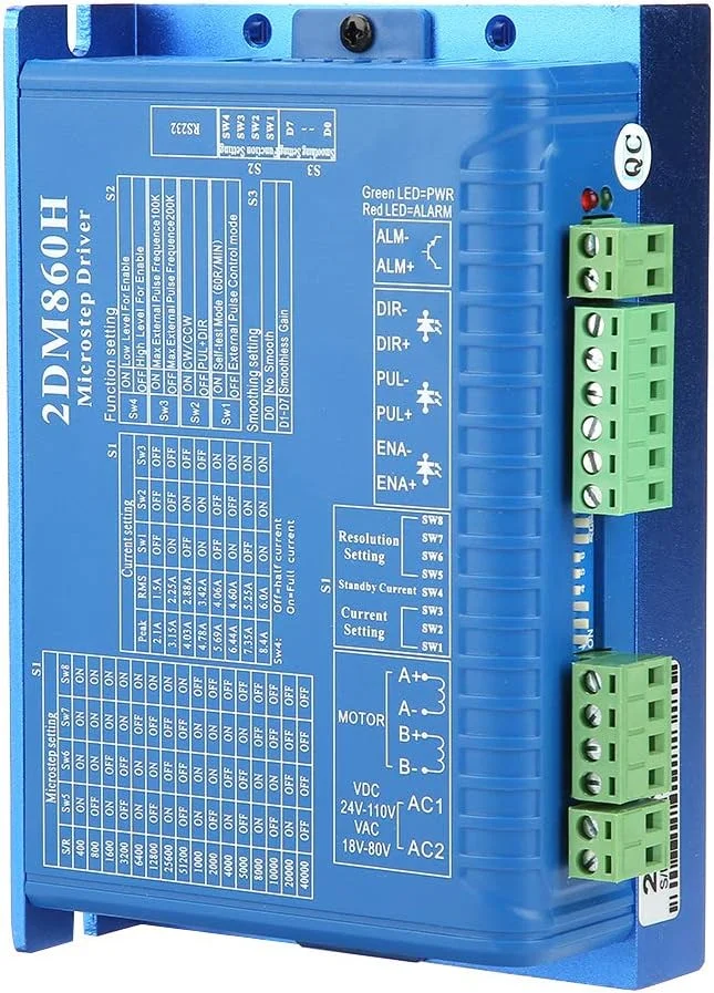 درایور موتور پله ای دو فاز دیجیتال CNC 2DM860H، کنترلر میکرو استپ با دقت بالا، تکنولوژی DSP 32 بیتی، لرزش و نویز فوق العاده کم، تنظیم 2 تا 256 میکرو استپ برای صنعت