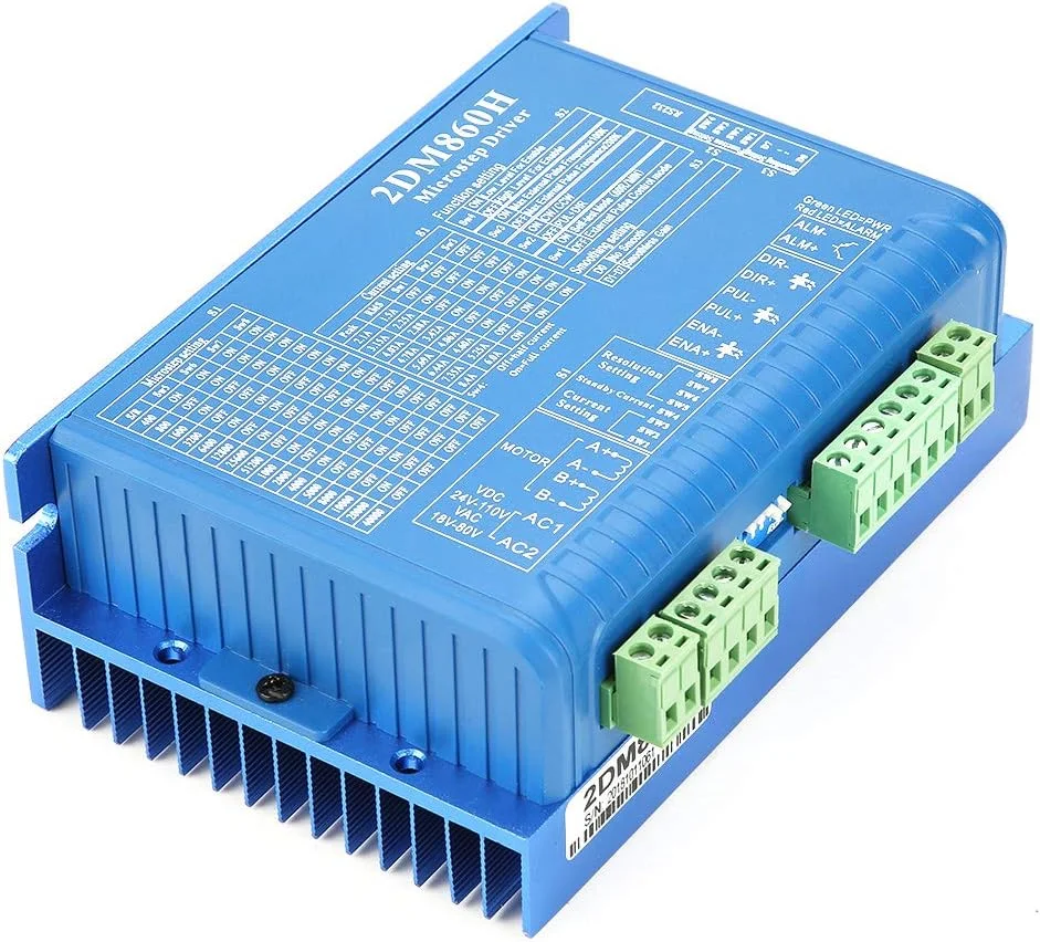 درایور موتور پله ای دو فاز دیجیتال CNC 2DM860H، کنترلر میکرو استپ با دقت بالا، تکنولوژی DSP 32 بیتی، لرزش و نویز فوق العاده کم، تنظیم 2 تا 256 میکرو استپ برای صنعت