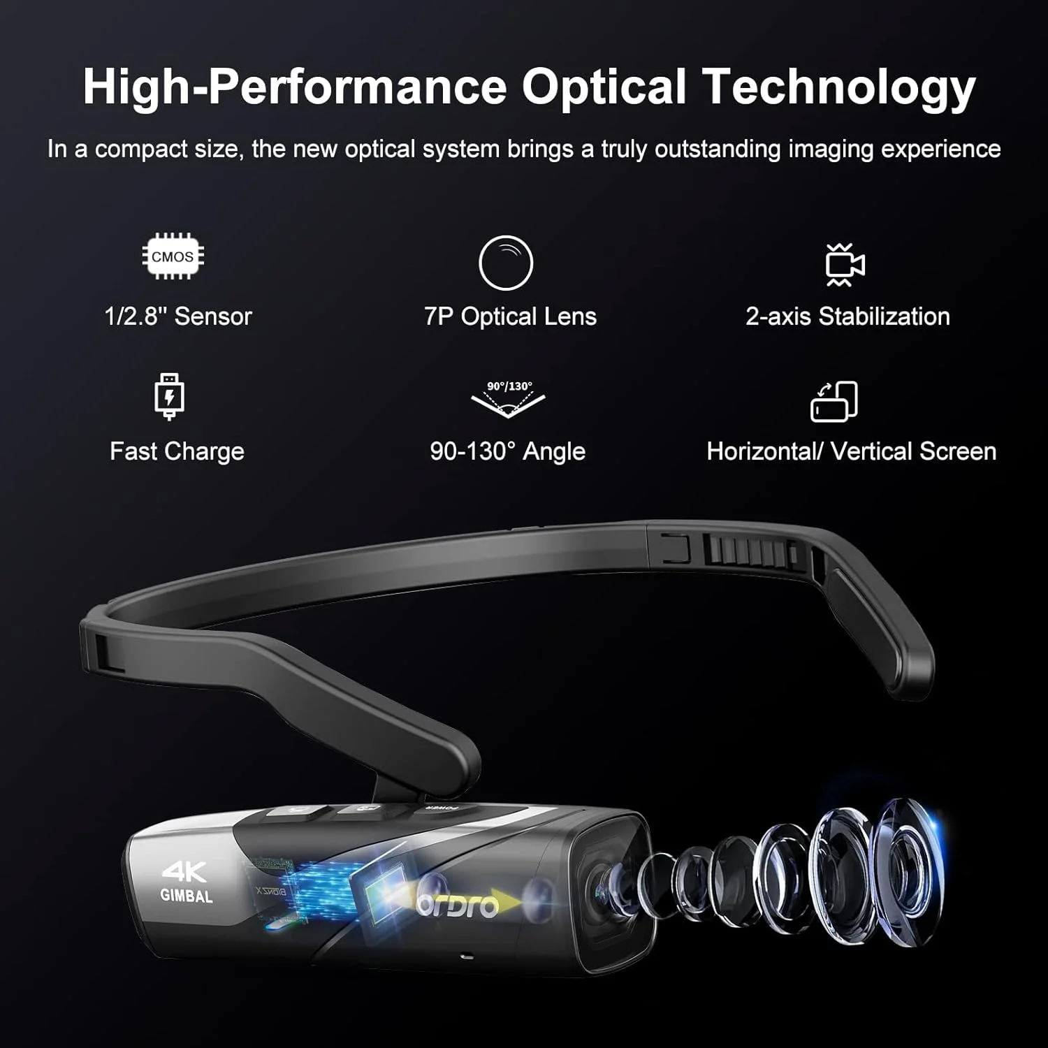 دوربین فیلمبرداری 4K مدل ORDRO EP8، دوربین ولاگ پوشیدنی با قابلیت استفاده بدون دست، دوربین فیلمبرداری 4K 60FPS UHD با قابلیت نصب روی سر، دارای تثبیت کننده گیمبال 2.0، کنترل از راه دور، کارت حافظه میکرو 64 گیگابایتی (مشکی)