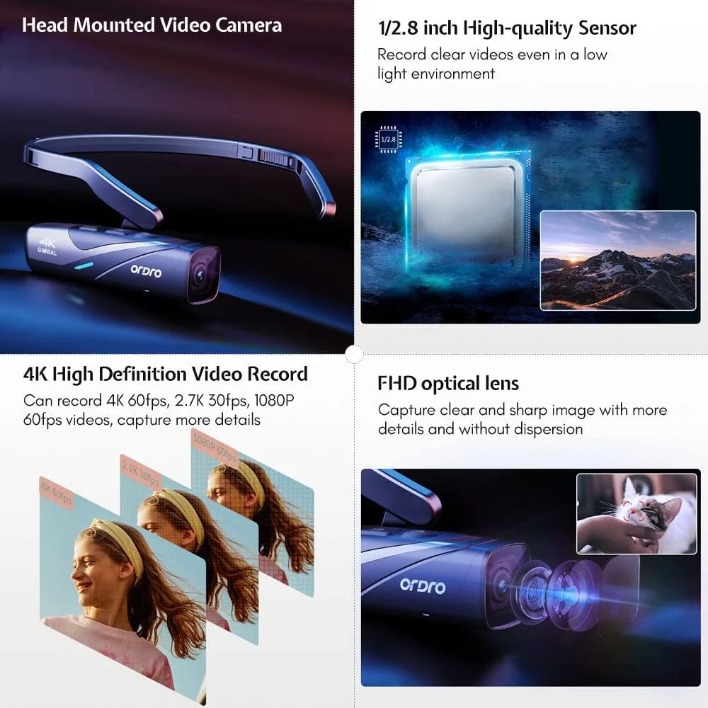 دوربین فیلمبرداری 4K مدل ORDRO EP8، دوربین ولاگ پوشیدنی با قابلیت استفاده بدون دست، دوربین فیلمبرداری 4K 60FPS UHD با قابلیت نصب روی سر، دارای تثبیت کننده گیمبال 2.0، کنترل از راه دور، کارت حافظه میکرو 64 گیگابایتی (مشکی)