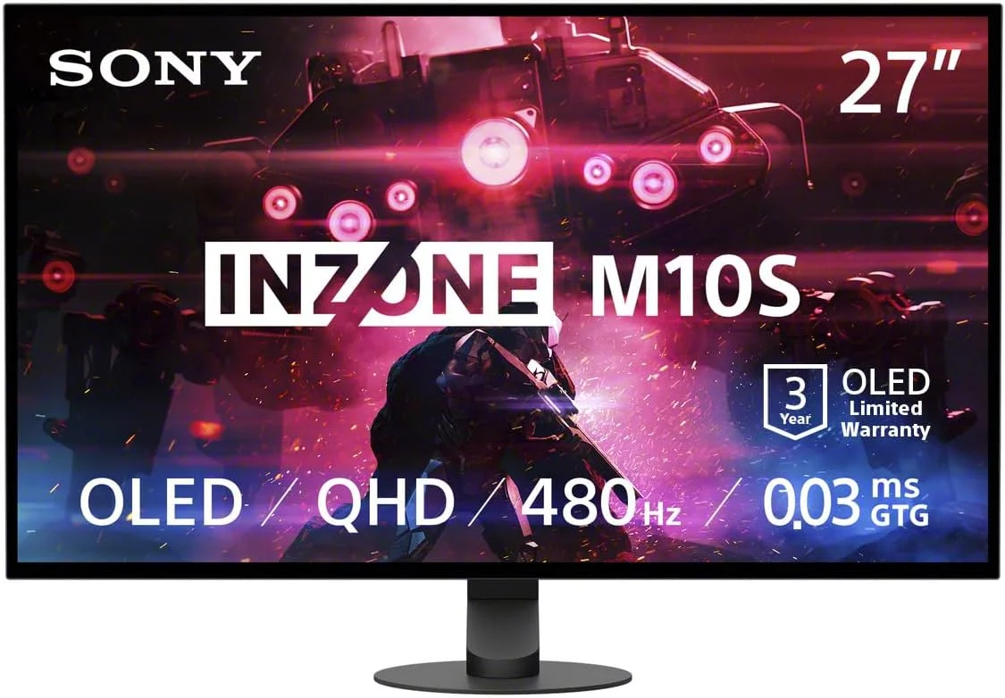 مانیتور گیمینگ 27 اینچی OLED سونی INZONE M10S با رزولوشن QHD (2560x1440)، نرخ بروزرسانی 480 هرتز، زمان پاسخگویی 0.03 میلی‌ثانیه GTG، سازگار با NVIDIA G-SYNC، DisplayHDR 400، ضد انعکاس نور، DisplayPort 2.1 (UHBR10)، VRR HDMI 2.1، USB، قابلیت تنظیم شیب/چرخش/ارتفاع