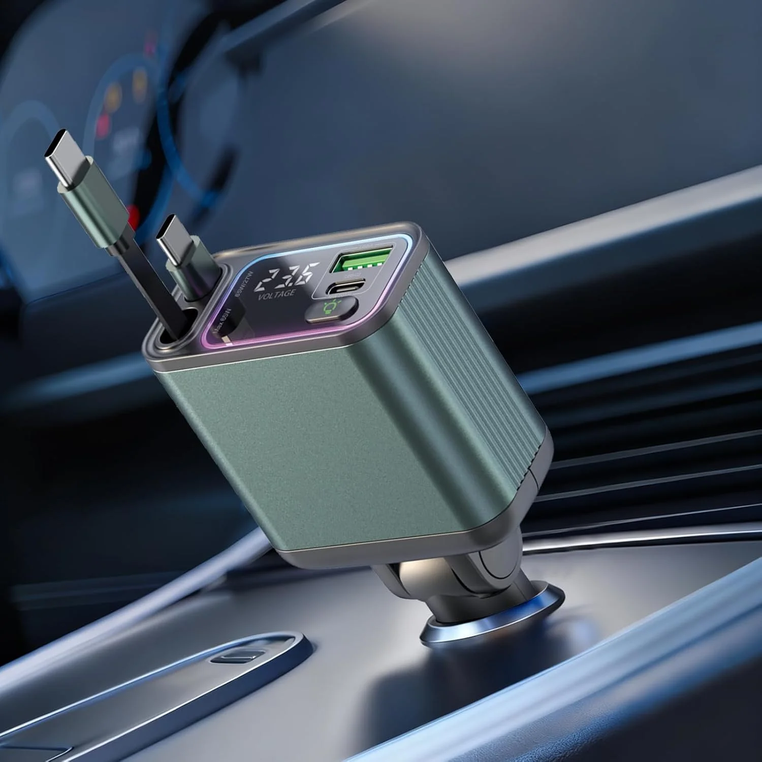 شارژر فندکی جمع شونده 145 واتی با 2 کابل داخلی Type-C 65 واتی 80 سانتی متری، آداپتور شارژر سریع فندکی 2C2A USB-A برای آیفون، مک بوک پرو/ایر، سامسونگ و غیره