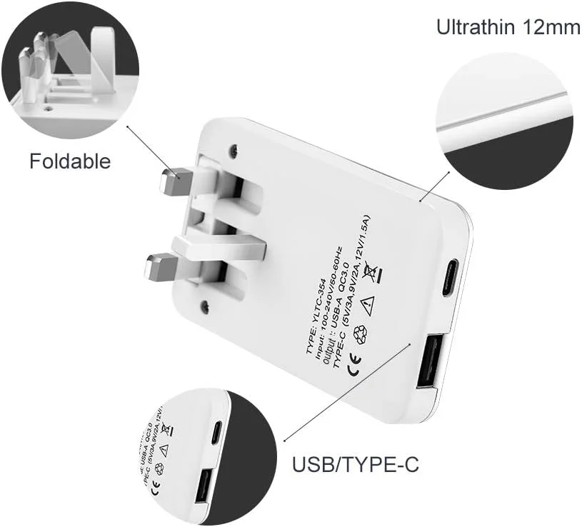 شارژر دیواری USB مدل YILON با شارژ سریع 3.0 و توان 18 وات، دارای دو پورت USB/TYPE-C PD و دوشاخه تاشو، سازگار با Samsung Galaxy Note8 / S8 / S8 /، LG/iPhone XR/11Max/12/12 Plus، Galaxy