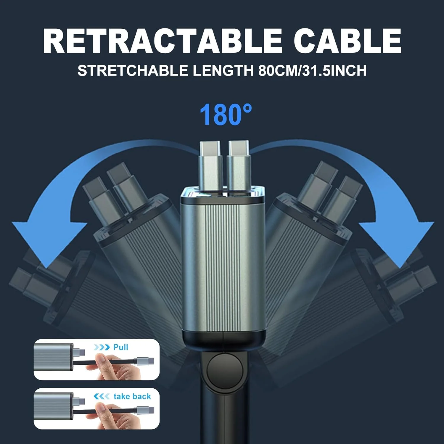 شارژر فندکی جمع شونده 145 واتی با 2 کابل داخلی Type-C 65 واتی 80 سانتی متری، آداپتور شارژر سریع فندکی 2C2A USB-A برای آیفون، مک بوک پرو/ایر، سامسونگ و غیره