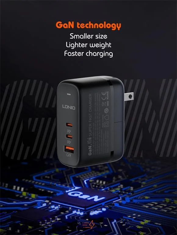 شارژر دیواری 65 واتی GaN USB-C الدینیو – شارژر سریع 3 در 1 با 2 پورت USB-C و 1 پورت USB، آداپتور مسافرتی دوشاخه EU و USA، سازگار با تمام مدل های دستگاه