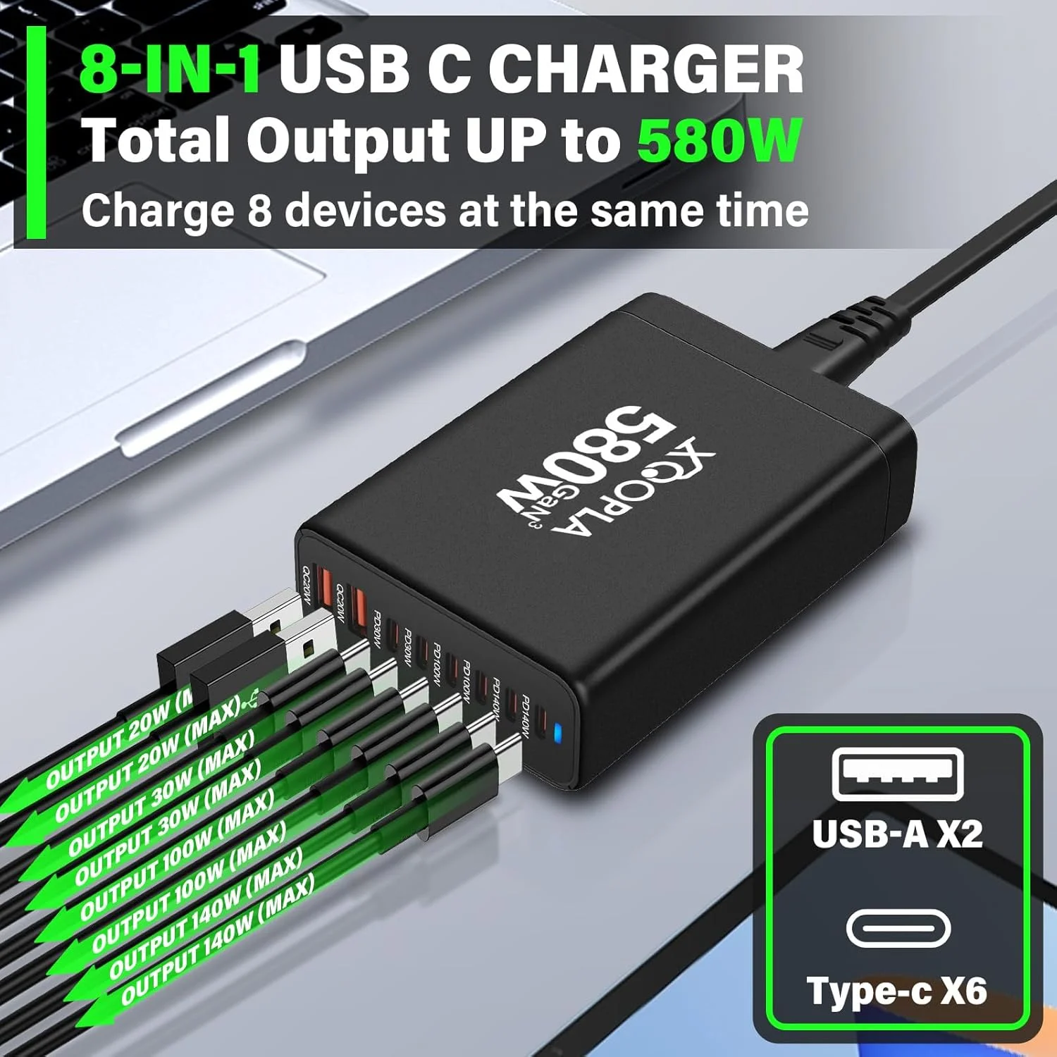ایستگاه شارژ سریع 580 واتی Xoopla، شارژر USB C هشت پورت با 2 پورت 140 واتی Type C PD3.1، کابل USB C 100 واتی، آداپتور برق چندگانه Gan برای آیفون، آیپد، مک‌بوک، گلکسی و غیره