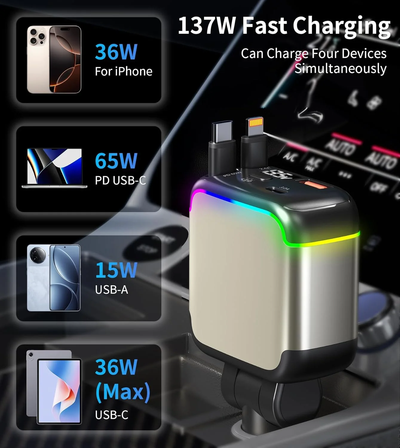 شارژر فندکی خودرو جمع شونده XXZU 137W، شارژ سریع 65W USB C با دو کابل جمع شونده، 2 پورت شارژ، نمایشگر ولتاژ، آداپتور شارژر فندکی 4 در 1 برای آیفون/اندروید/آیپد/لپ تاپ