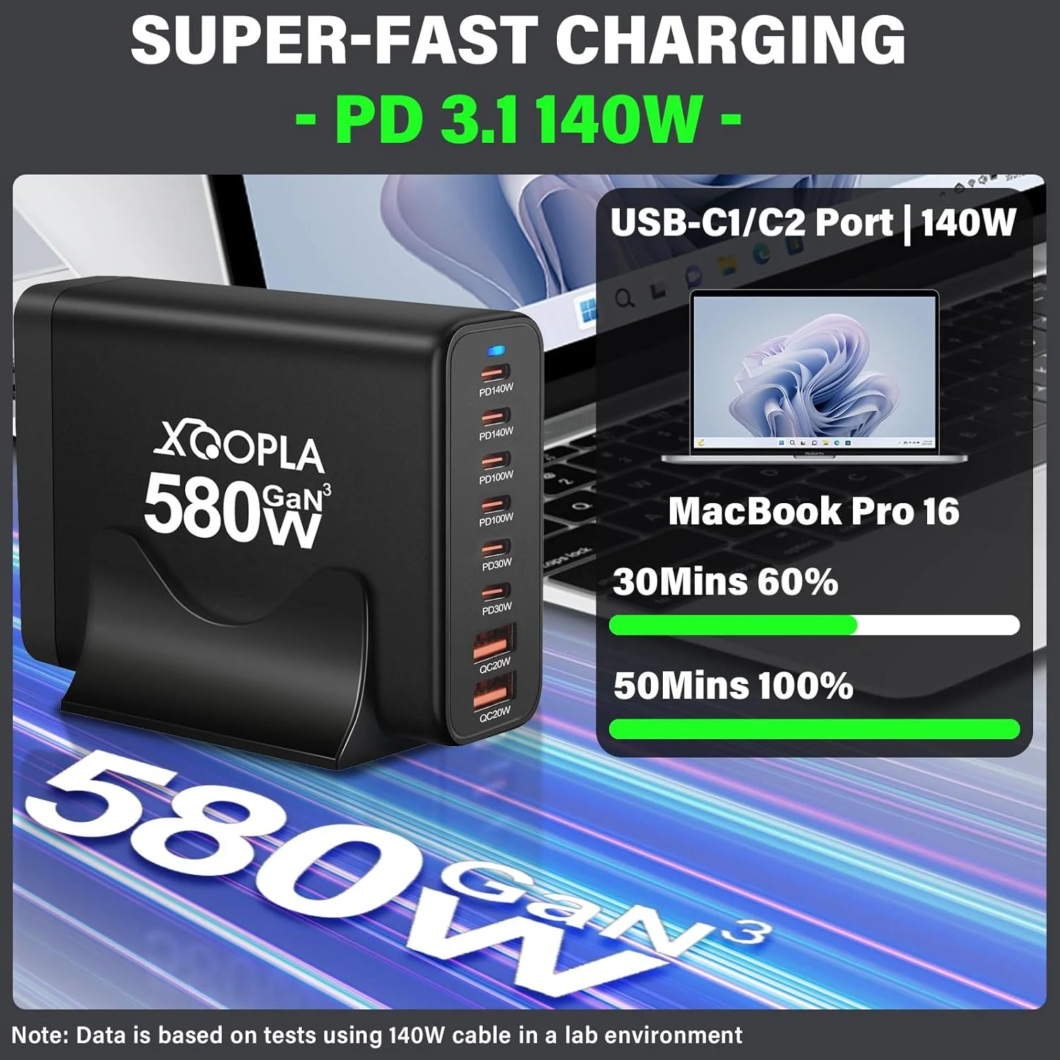 ایستگاه شارژ سریع 580 واتی Xoopla، شارژر USB C هشت پورت با 2 پورت 140 واتی Type C PD3.1، کابل USB C 100 واتی، آداپتور برق چندگانه Gan برای آیفون، آیپد، مک‌بوک، گلکسی و غیره