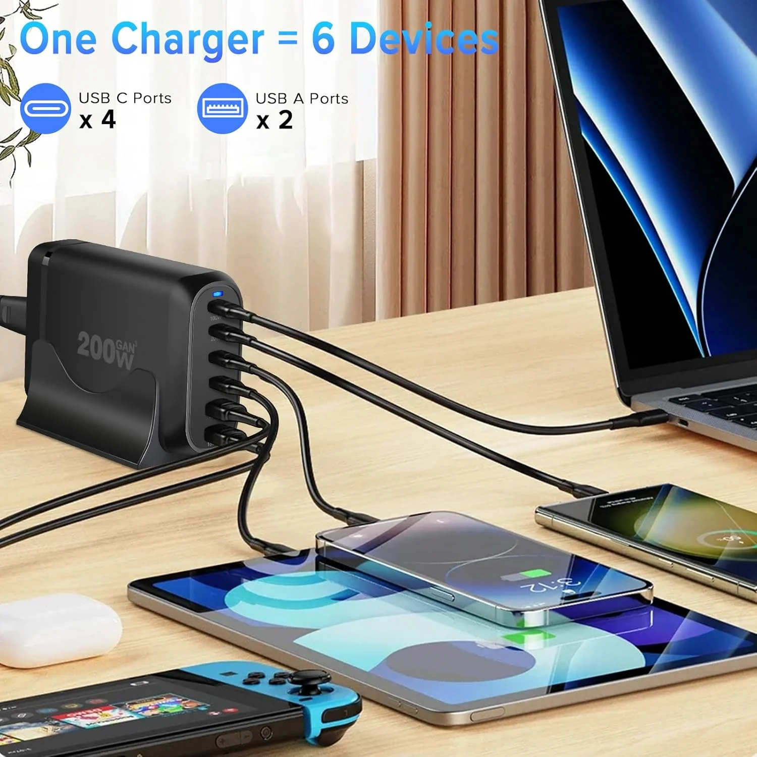 ایستگاه شارژر USB C یاکیتر 200 وات، دوشاخه دیواری شارژر سریع USB، آداپتور برق شارژ GaN چند منظوره 6 در 1 - 4 پورت Type-C و 2 پورت USB برای مک بوک، آیفون، آیپد، گلکسی، هواوی و غیره