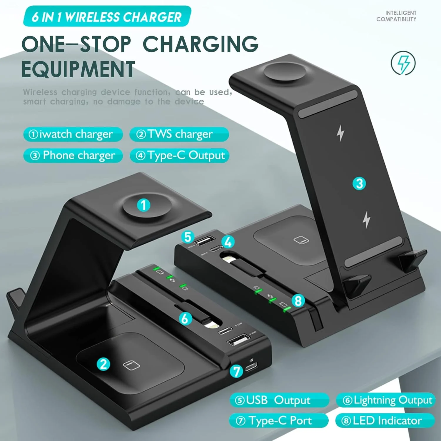 استند شارژ بی‌سیم 6 در 1 برای آیفون 13، 12، 11/Pro/mini/SE/11/X/XS/XR، پایه شارژ بی‌سیم برای iWatch SE/6/5/4/3/2، AirPods بی‌سیم/Pro